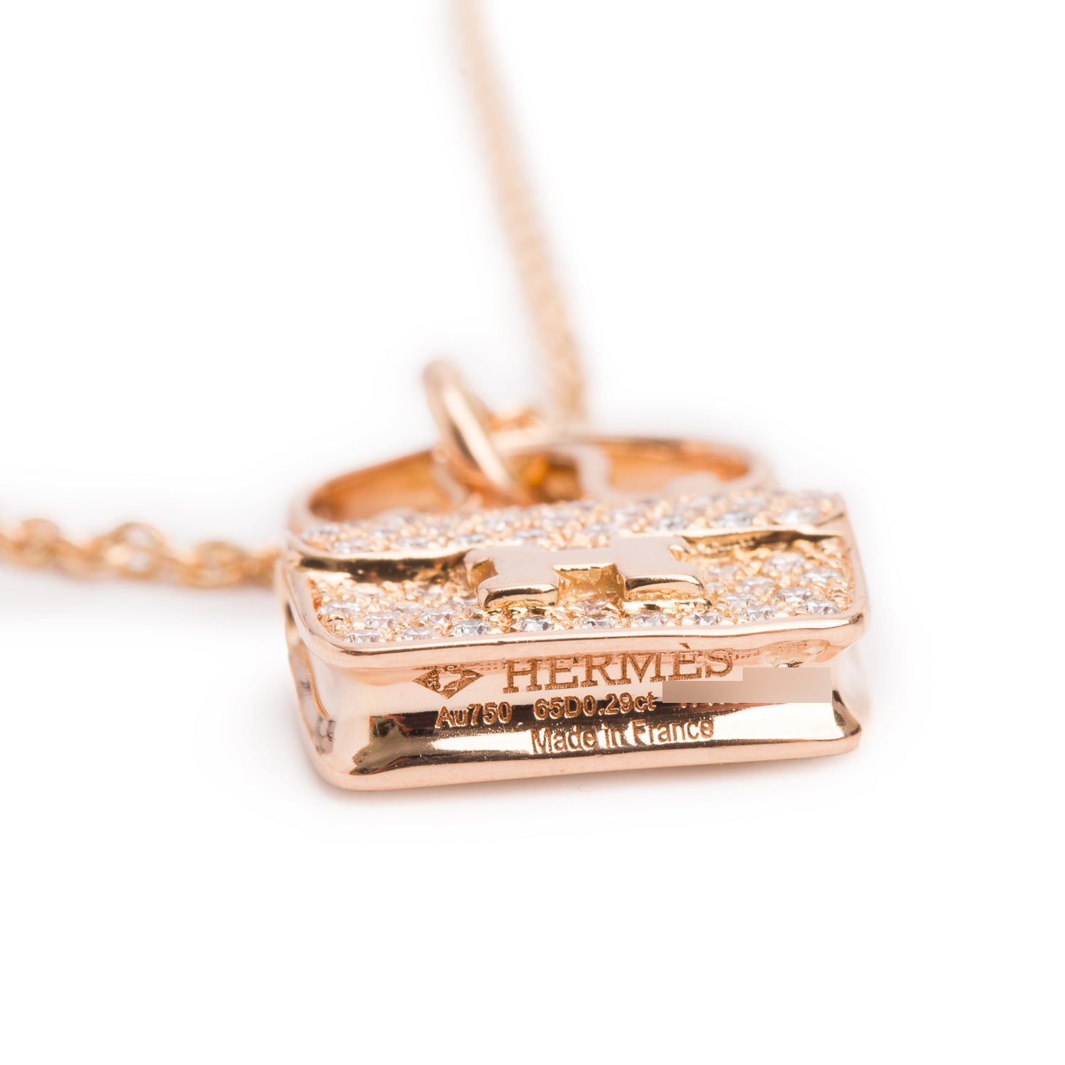 Hermes 18k Rose Gold Pave Diamond Amulettes Constance Pendant Necklace w/ Box