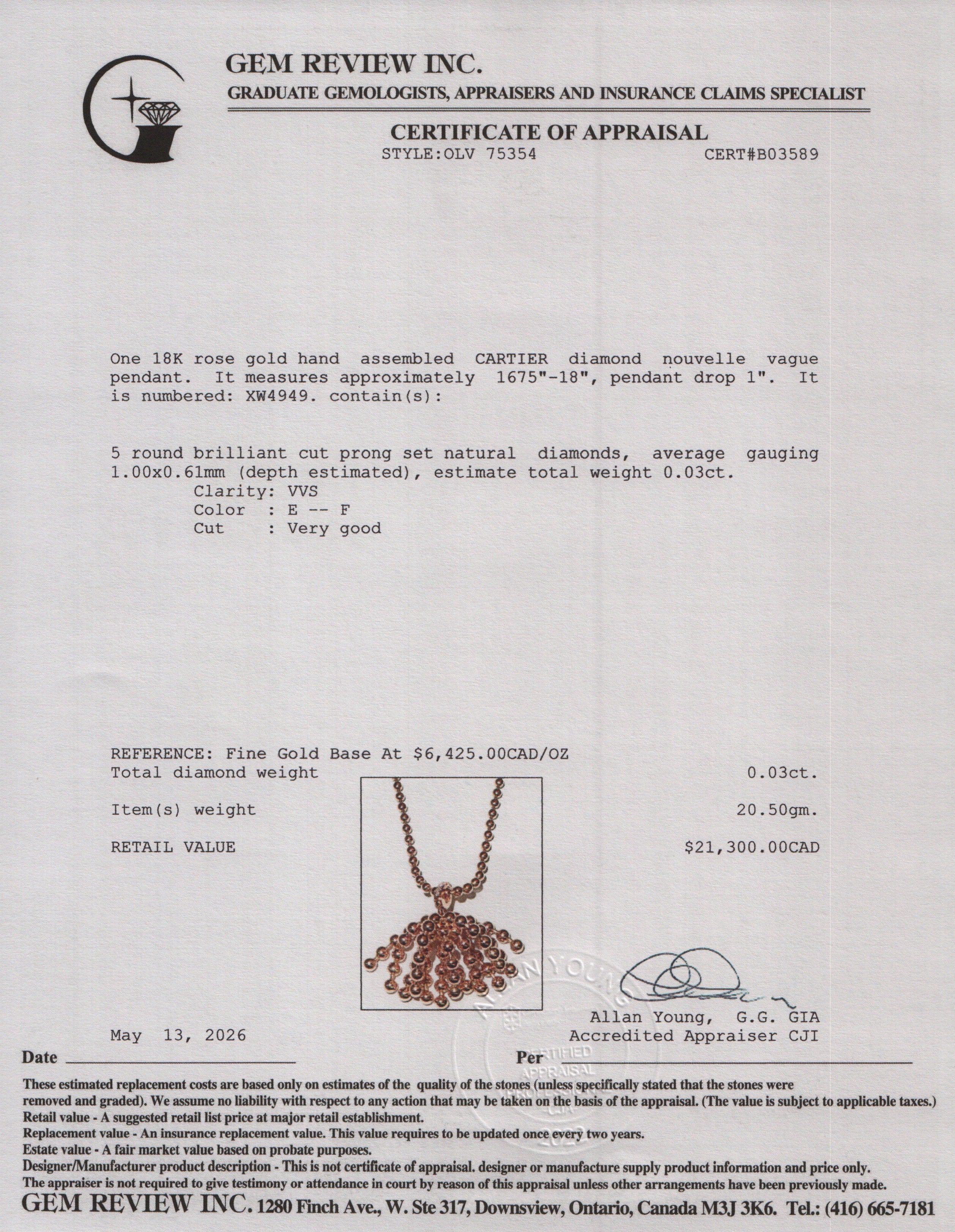 Cartier 18k Rose Gold & Diamond Nouvelle Vague Pendant Necklace w/ Box & Certificate