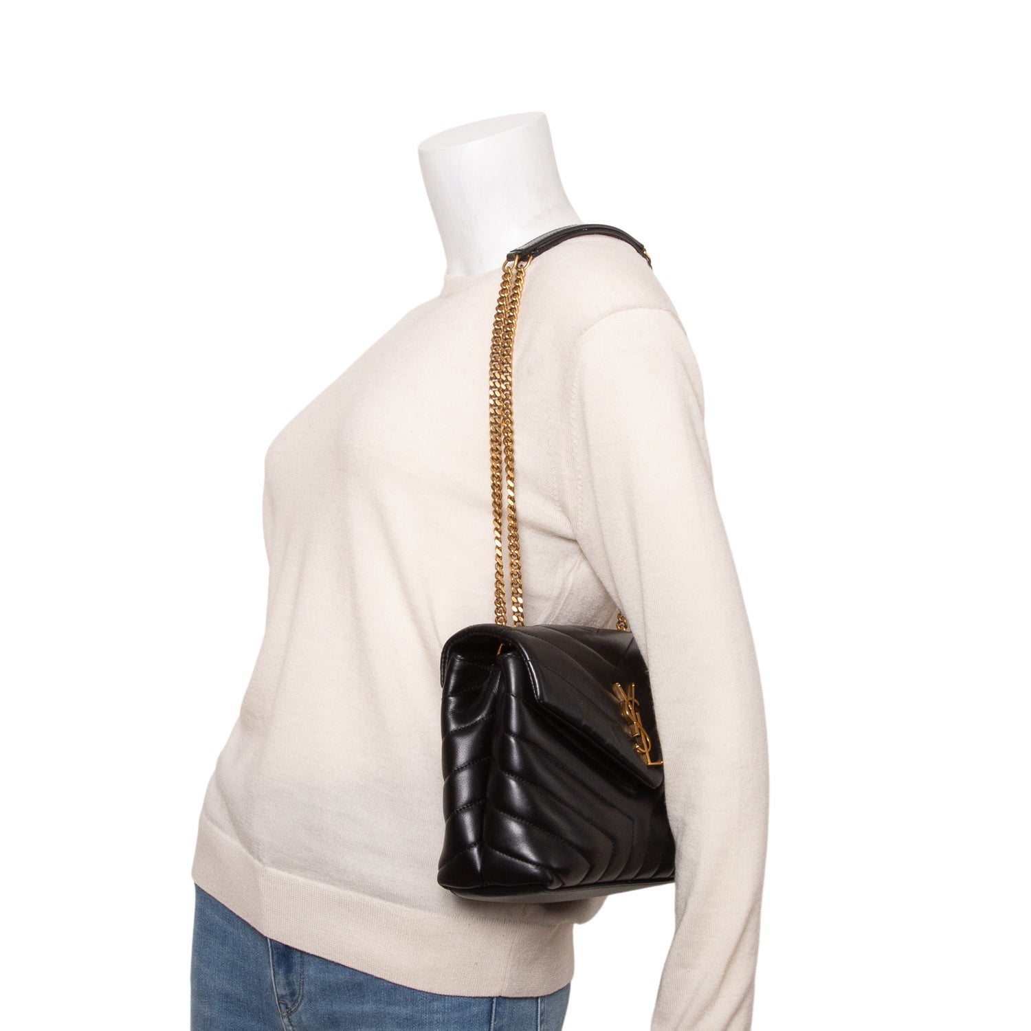 Saint Laurent 2021 Black Calfskin Y Quilted Monogram Small Loulou Chain Satchel