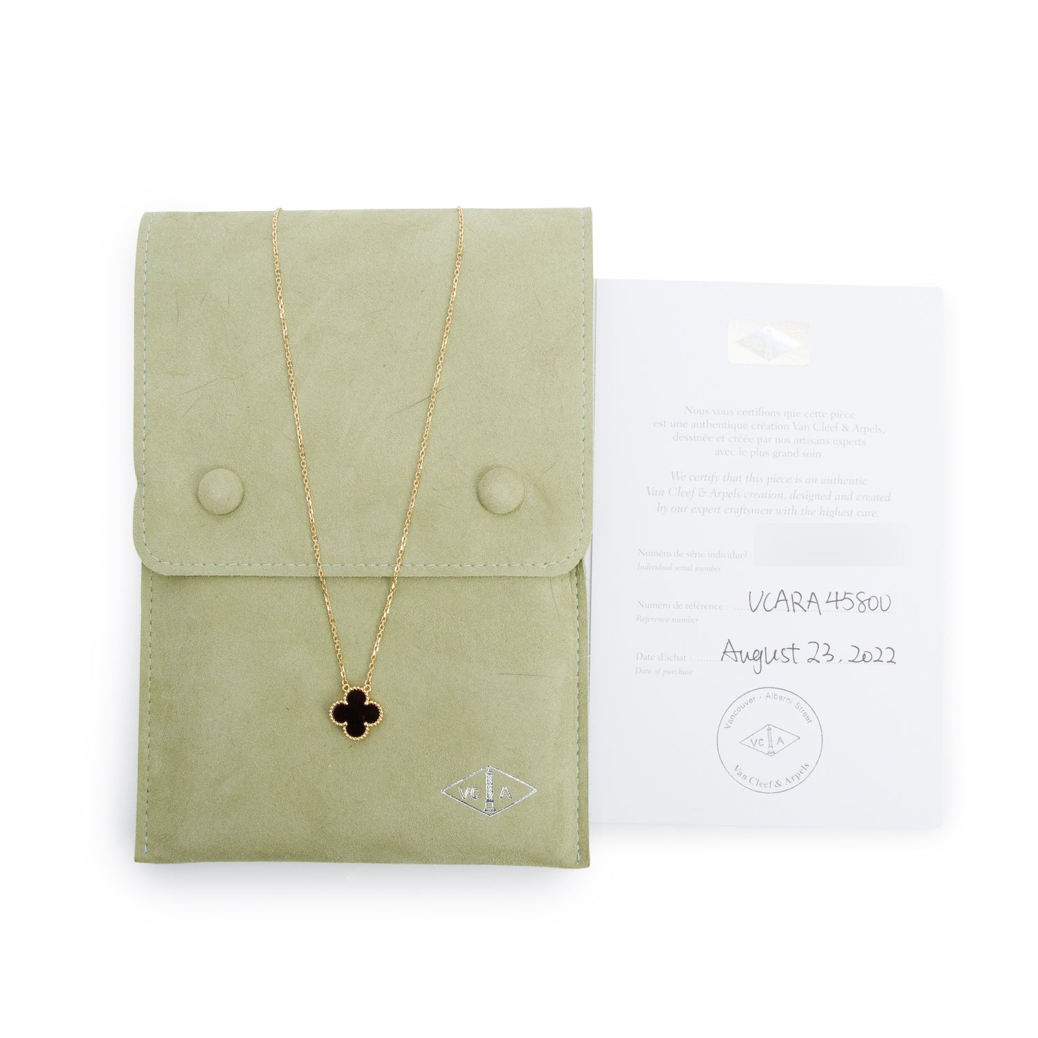 Van Cleef & Arpels 18k Yellow Gold Vintage Alhambra Black Onyx Pendant Necklace w/ Pouch & Certificate