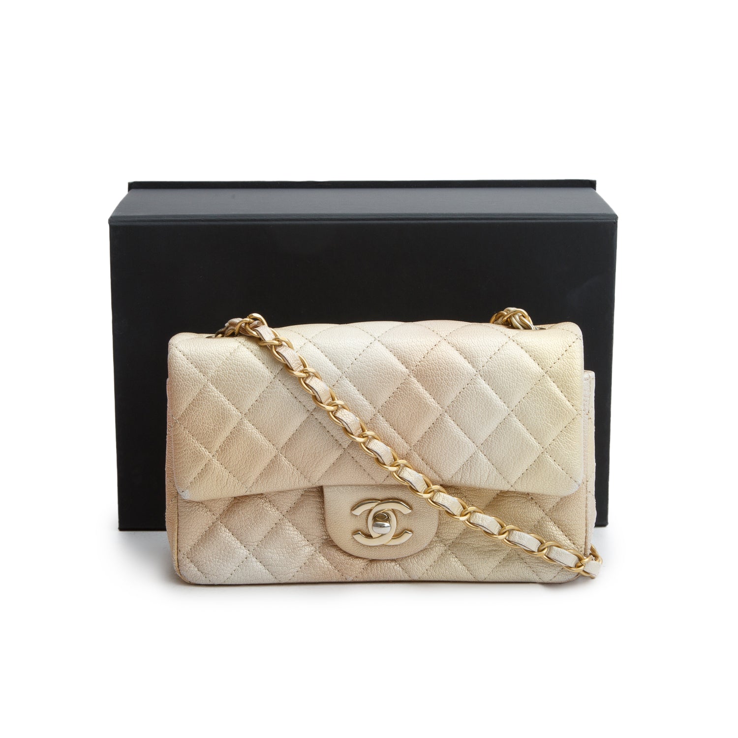 Chanel 2022 Beige Iridescent Quilted Caviar Leather Mini Rectangular Flap Bag w/ Box & Receipt