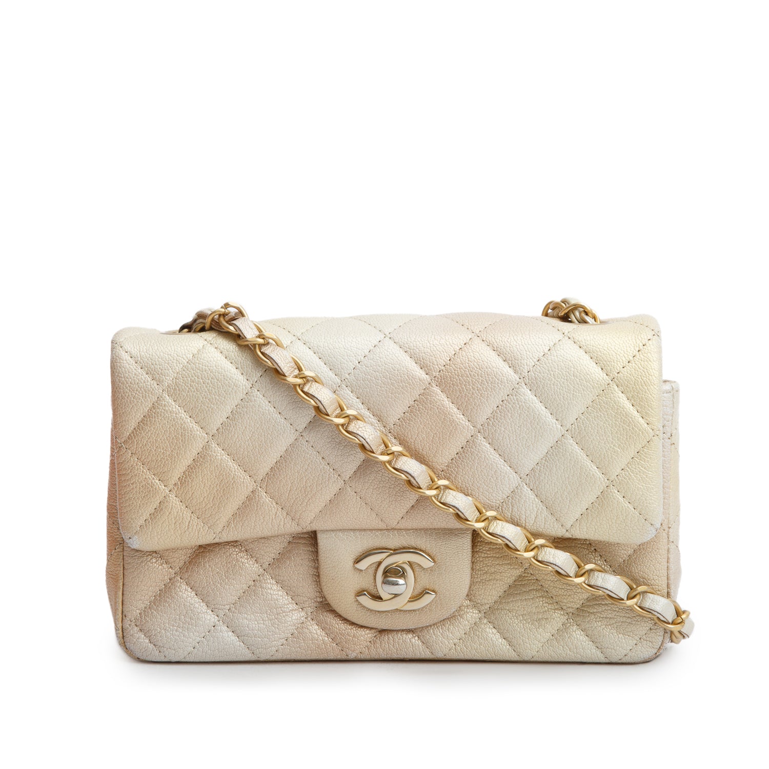 Chanel 2022 Beige Iridescent Quilted Caviar Leather Mini Rectangular Flap Bag w/ Box & Receipt