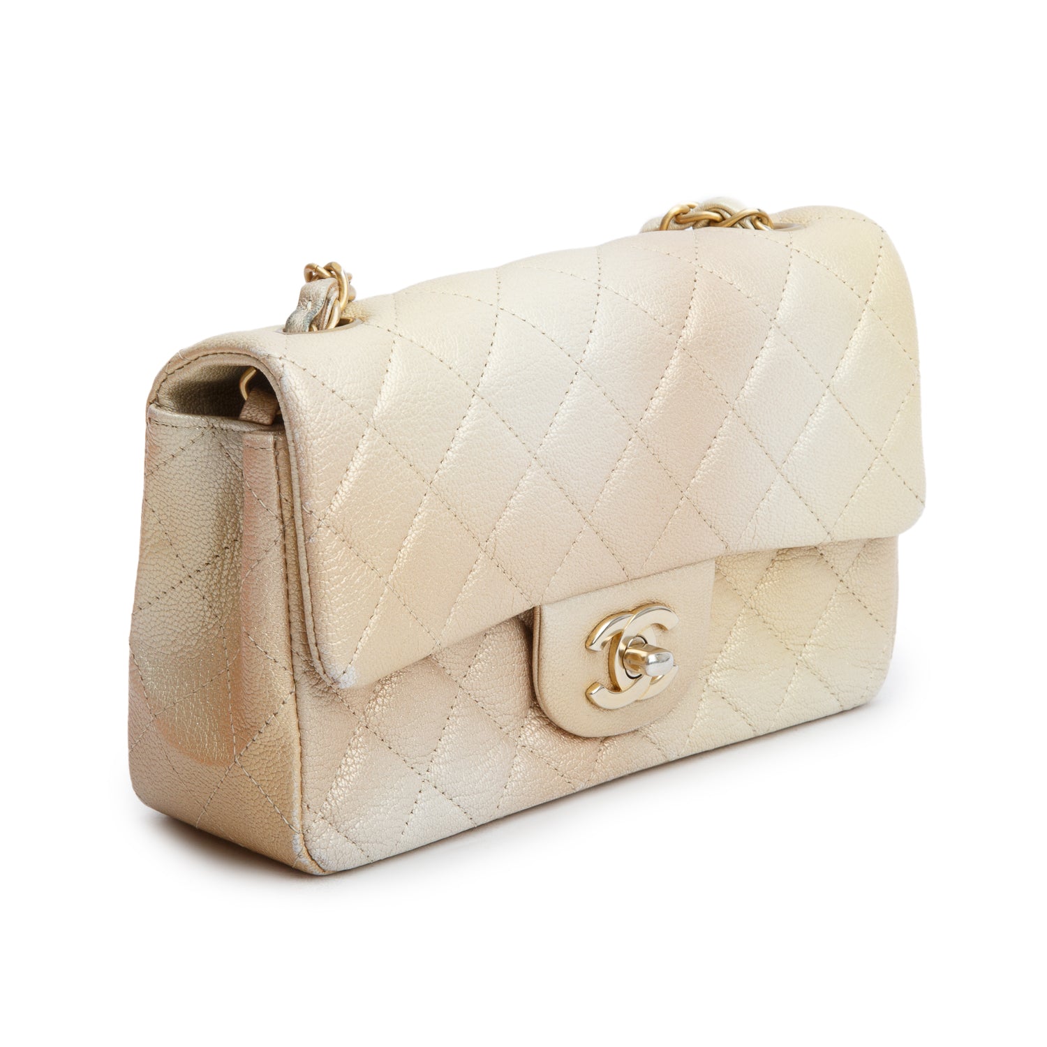 Chanel 2022 Beige Iridescent Quilted Caviar Leather Mini Rectangular Flap Bag w/ Box & Receipt