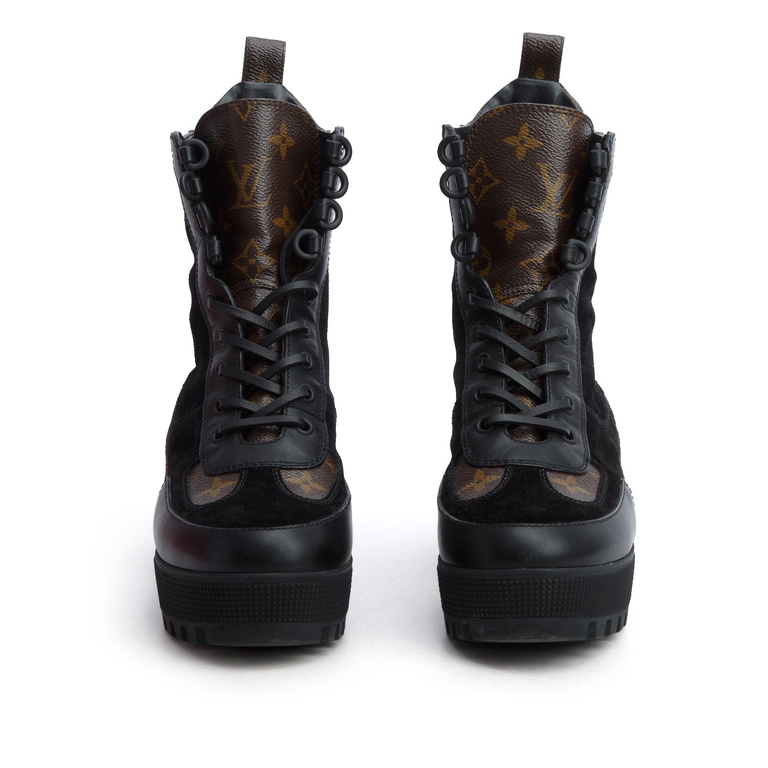 Louis Vuitton 2021 Black Leather/Suede Monogram Trim Laurette Platform Desert Ankle Boots, Size 38 w/ Box