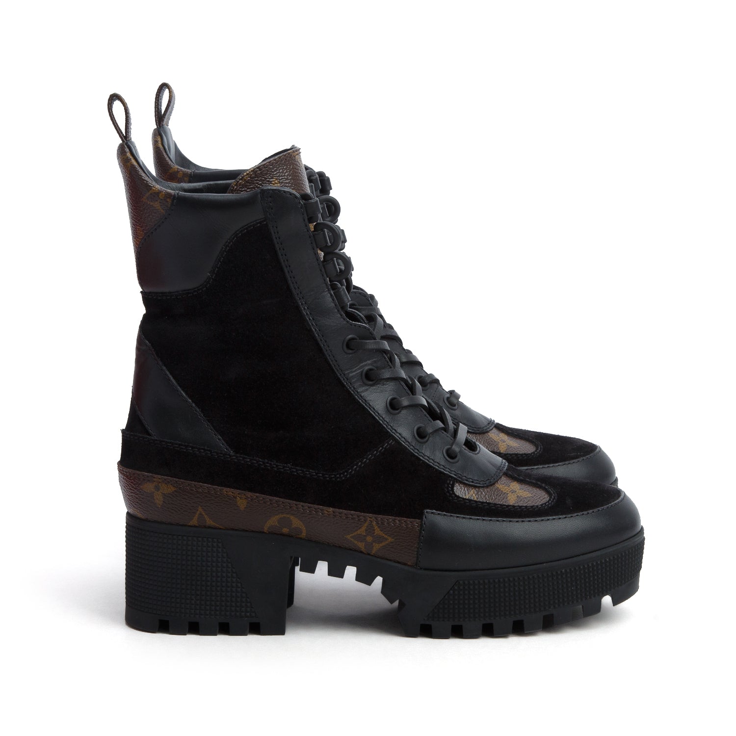 Louis Vuitton 2021 Black Leather/Suede Monogram Trim Laurette Platform Desert Ankle Boots, Size 38 w/ Box