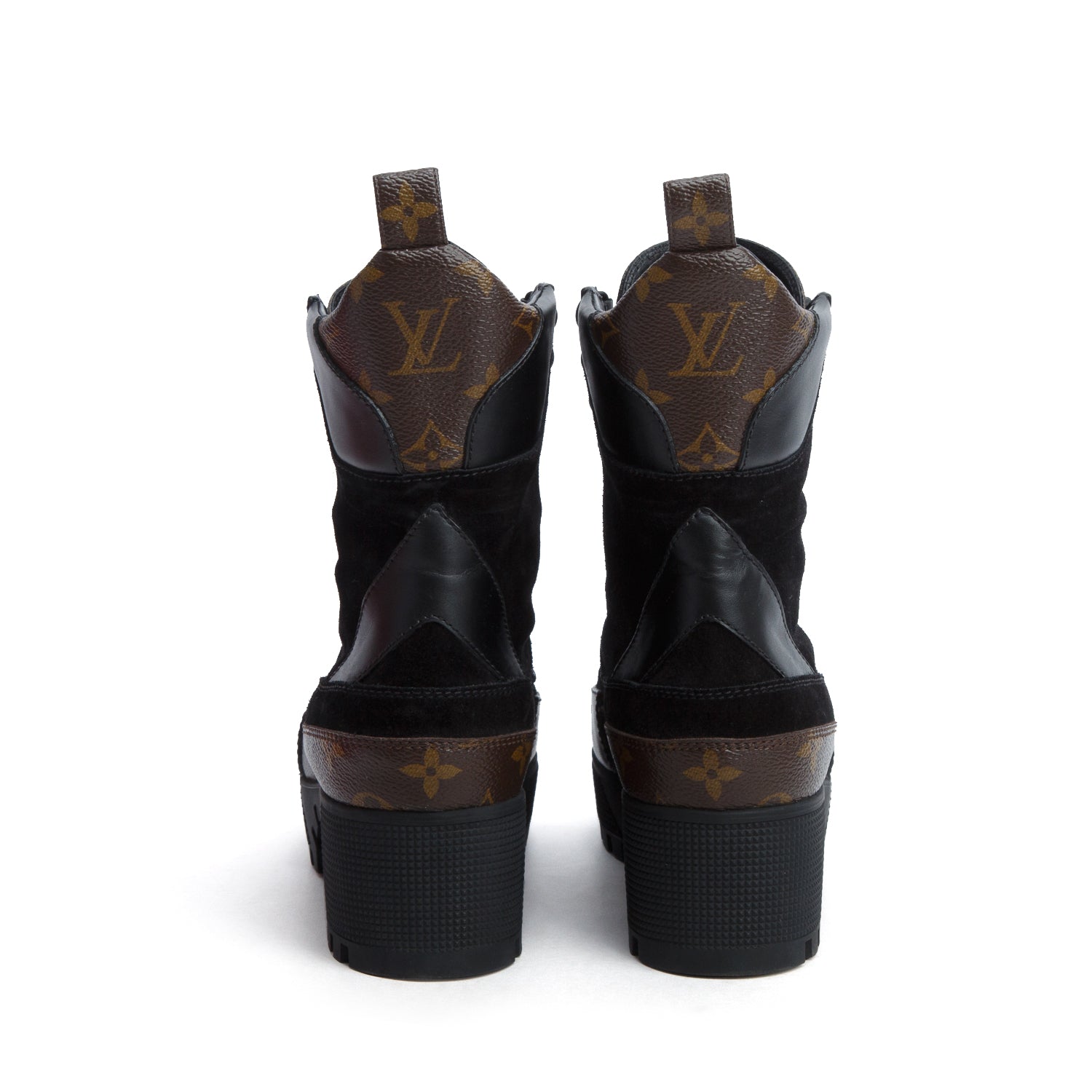 Louis Vuitton 2021 Black Leather/Suede Monogram Trim Laurette Platform Desert Ankle Boots, Size 38 w/ Box