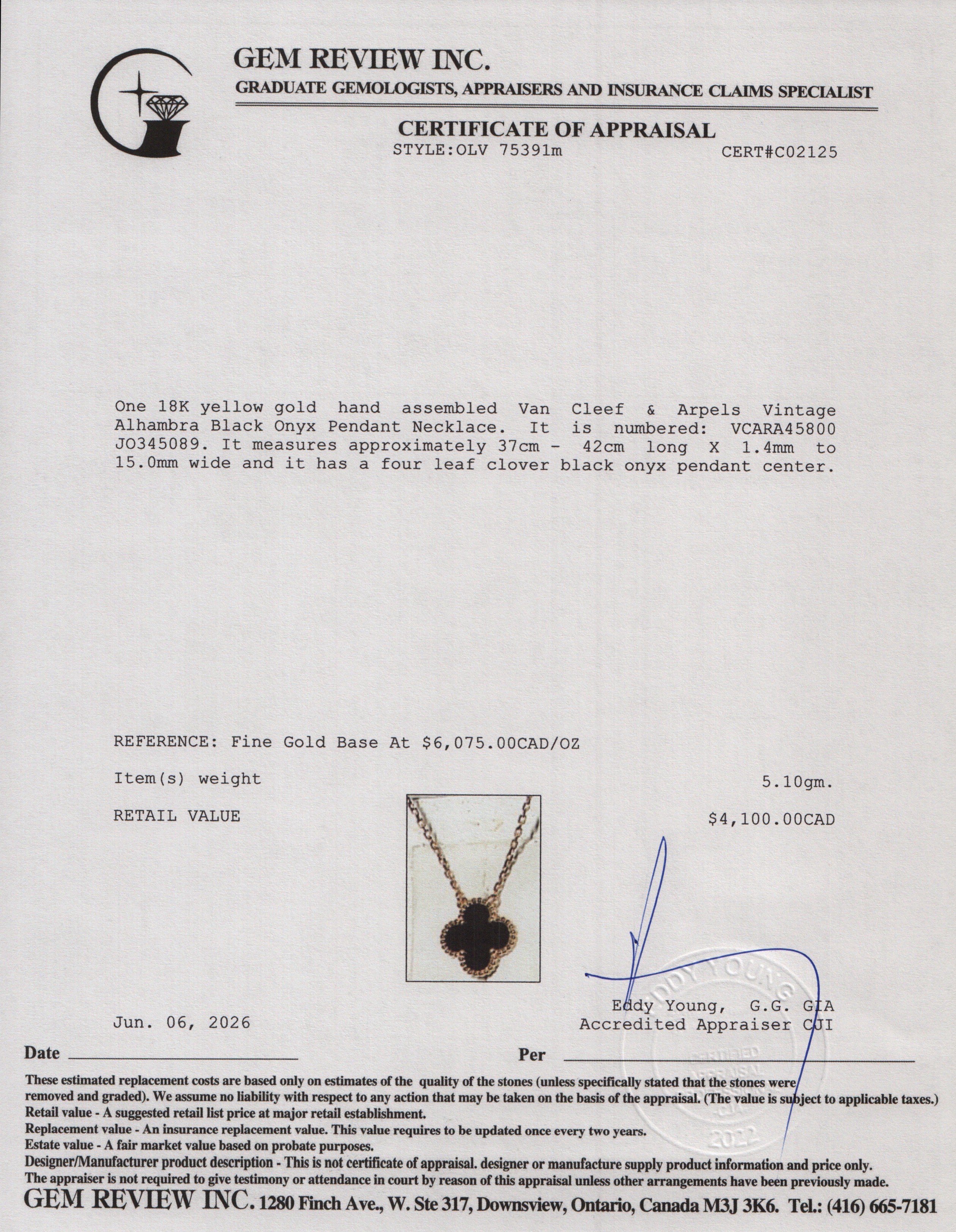 Van Cleef & Arpels 2025 18k Yellow Gold Vintage Alhambra Black Onyx Pendant Necklace w/ Box & Certificate