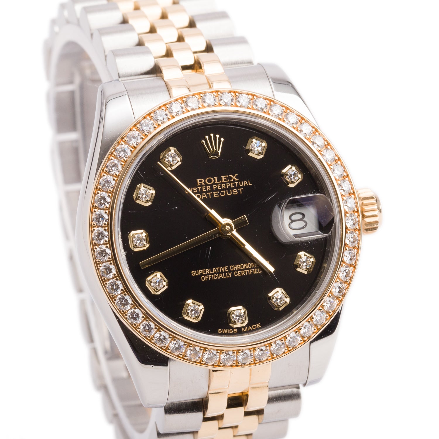 Rolex Stainless Steel & 18k Yellow Gold Diamond Bezel Datejust 31 MM Automatic Watch Black Diamond Dial 178383 w/ Box & Papers