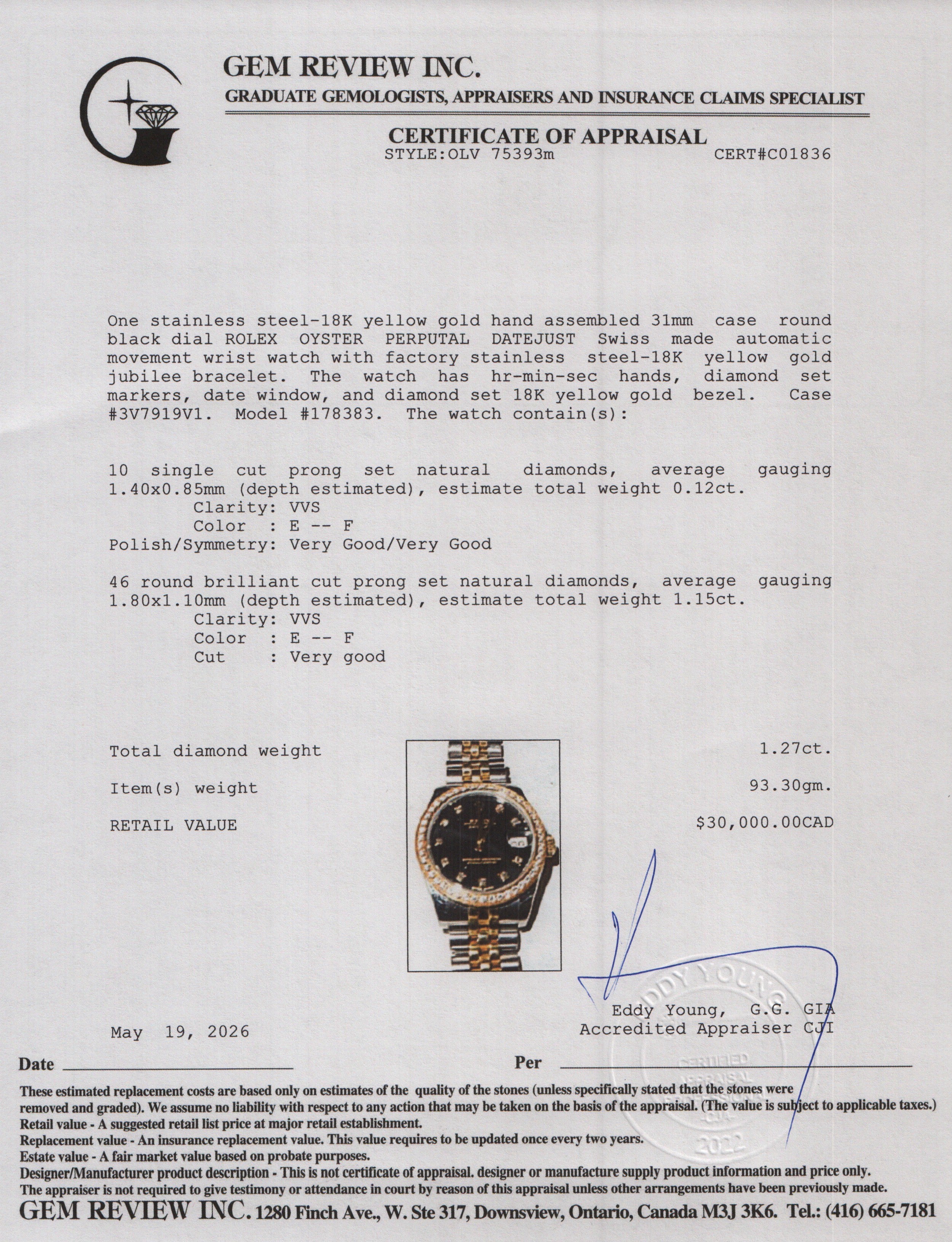 Rolex Stainless Steel & 18k Yellow Gold Diamond Bezel Datejust 31 MM Automatic Watch Black Diamond Dial 178383 w/ Box & Papers