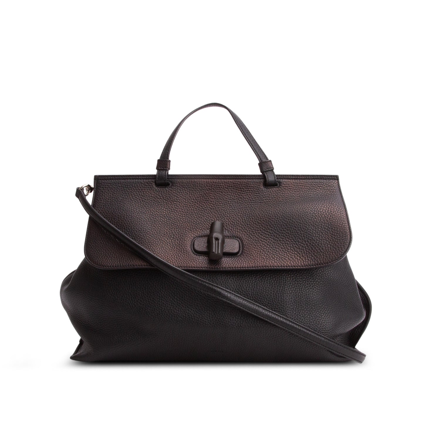 Gucci Black Calfskin Leather Large Bamboo Daily Top Handle Bag w/ Strap