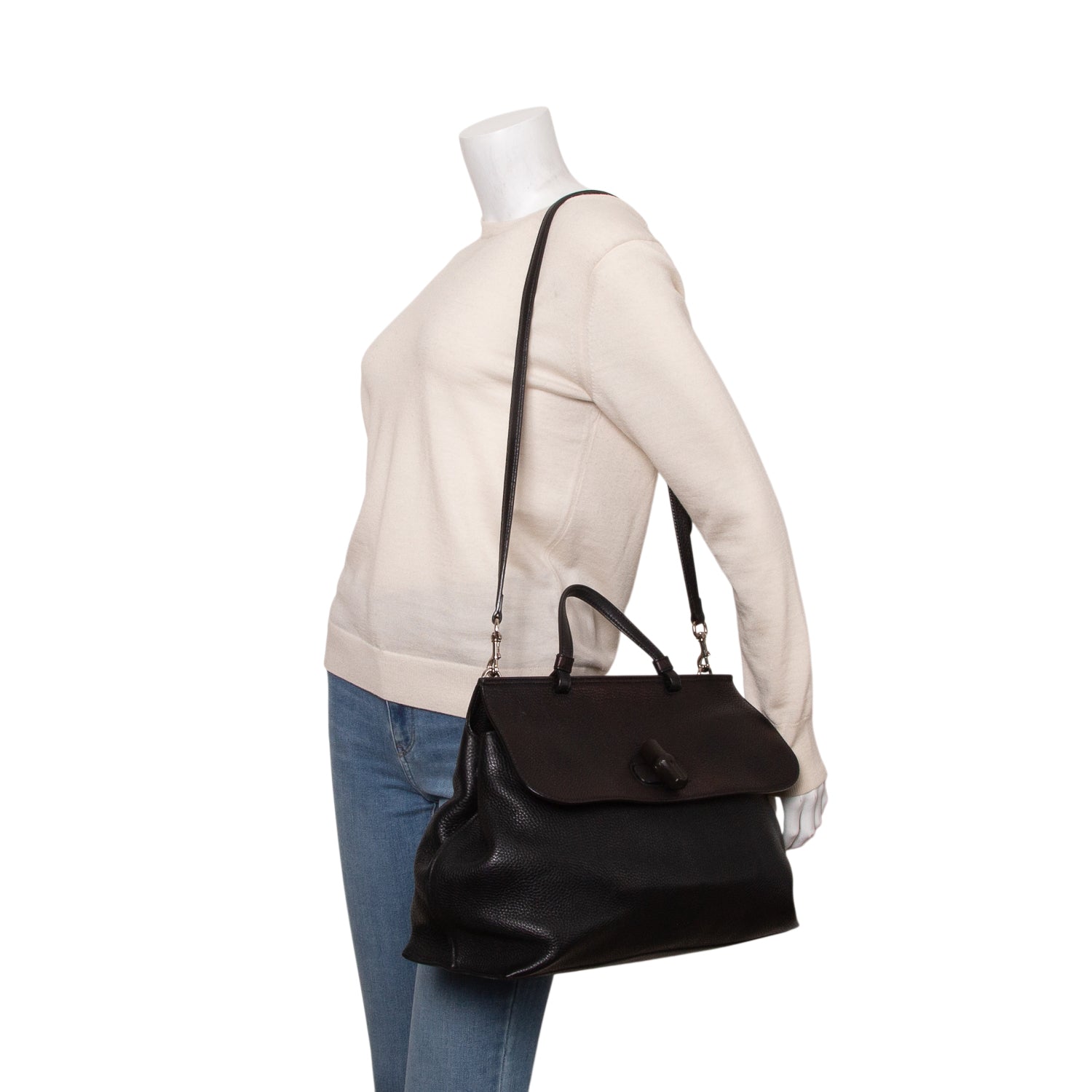 Gucci Black Calfskin Leather Large Bamboo Daily Top Handle Bag w/ Strap