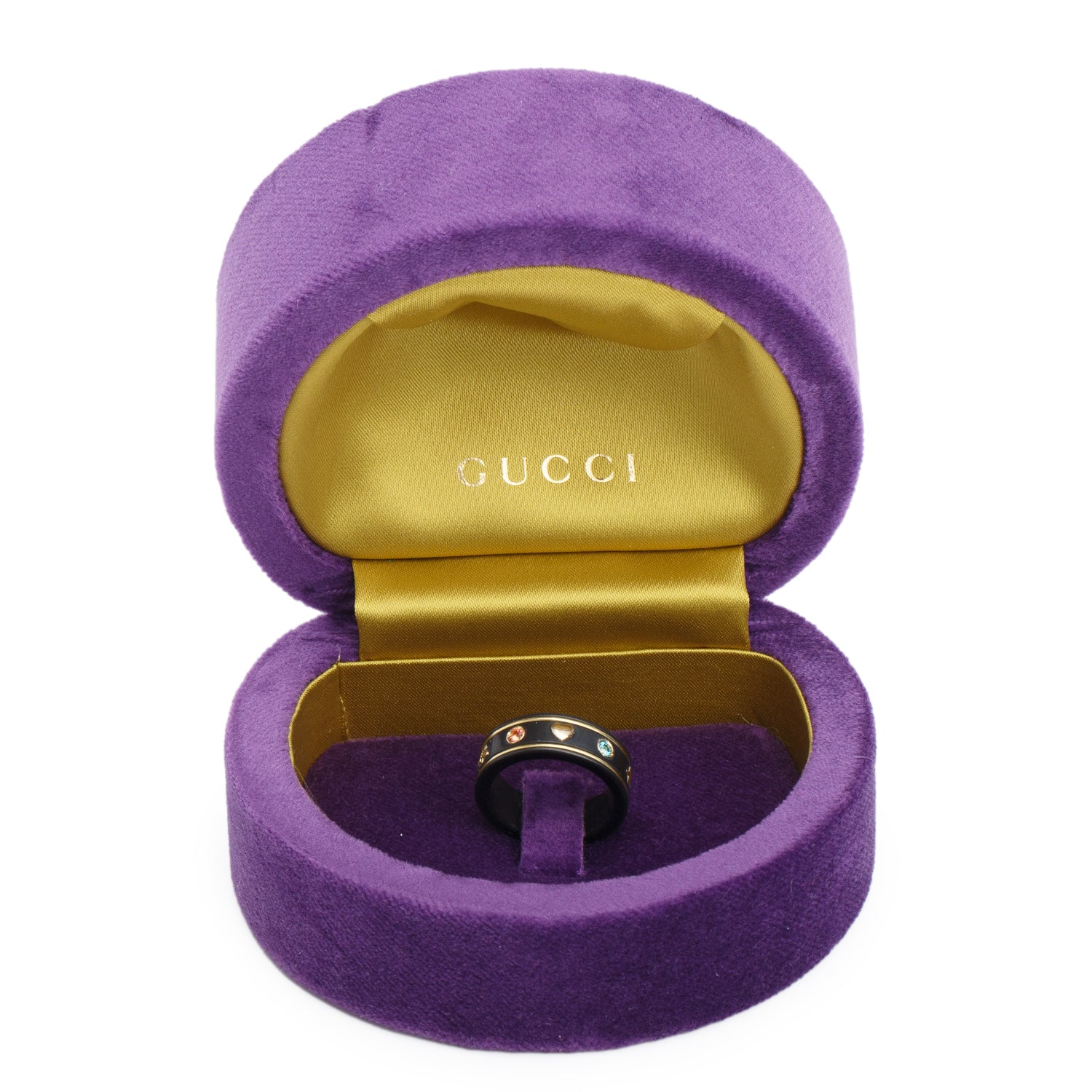 Gucci Black Ceramic & 18k Yellow Gold Multistone Ring, Size 13 6.25 w/ Box & Receipt