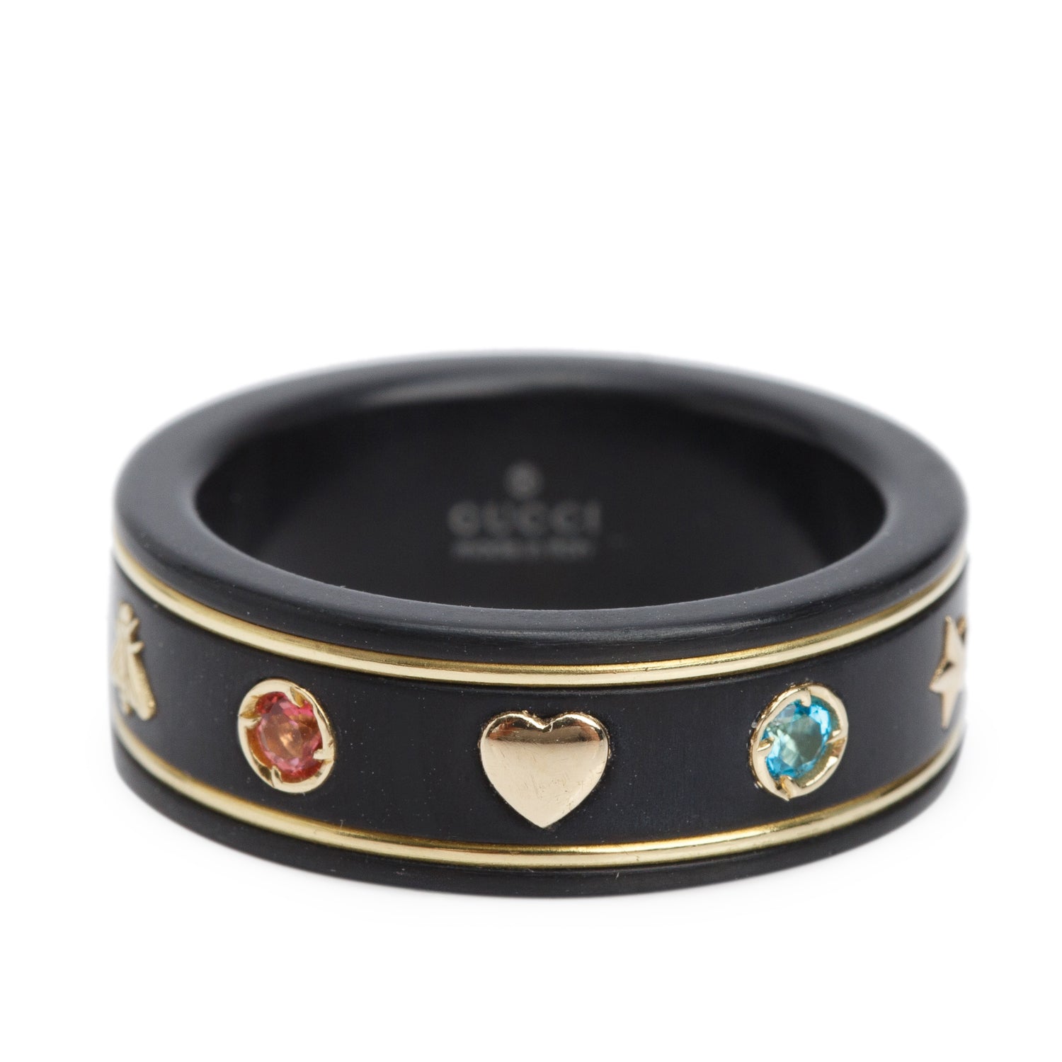 Gucci Black Ceramic & 18k Yellow Gold Multistone Ring, Size 13 6.25 w/ Box & Receipt