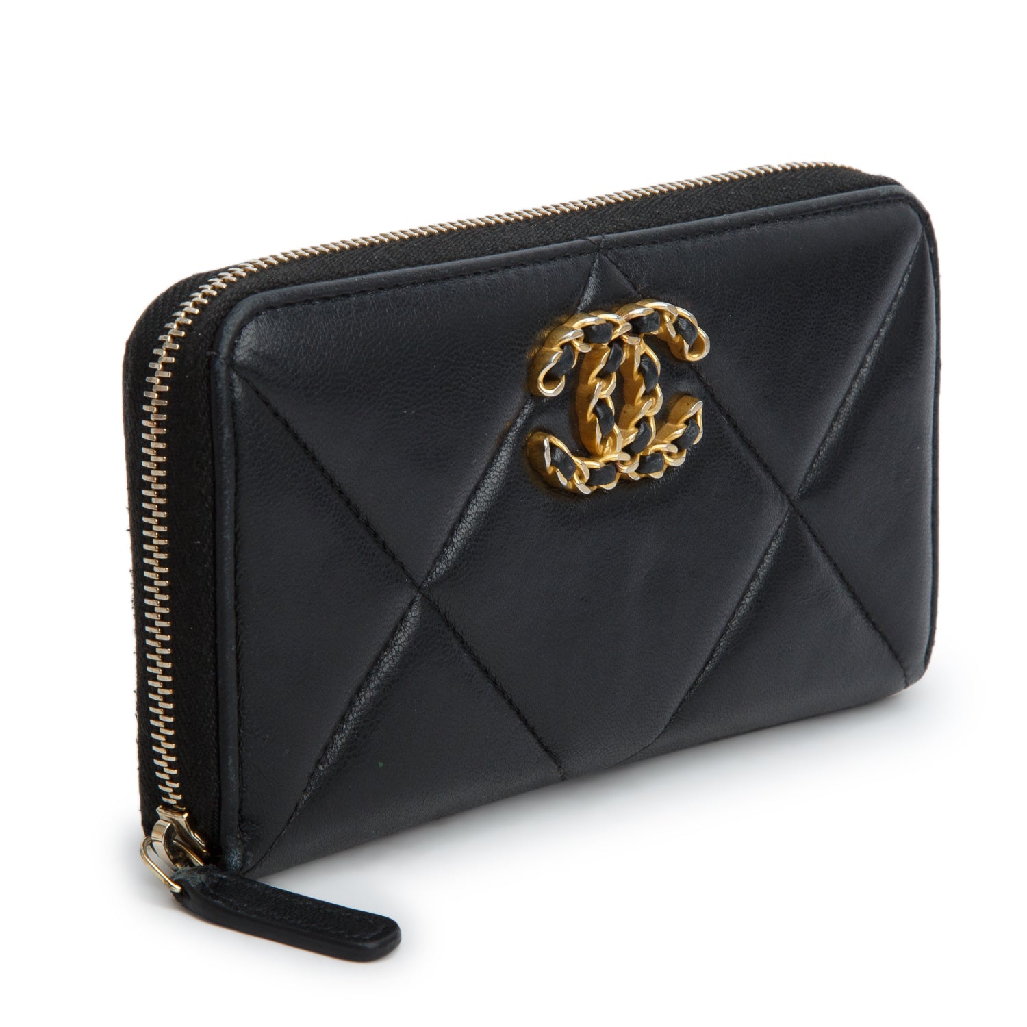 Chanel Black Lambskin Quilted Medium 19 Zip Around Purse Wallet