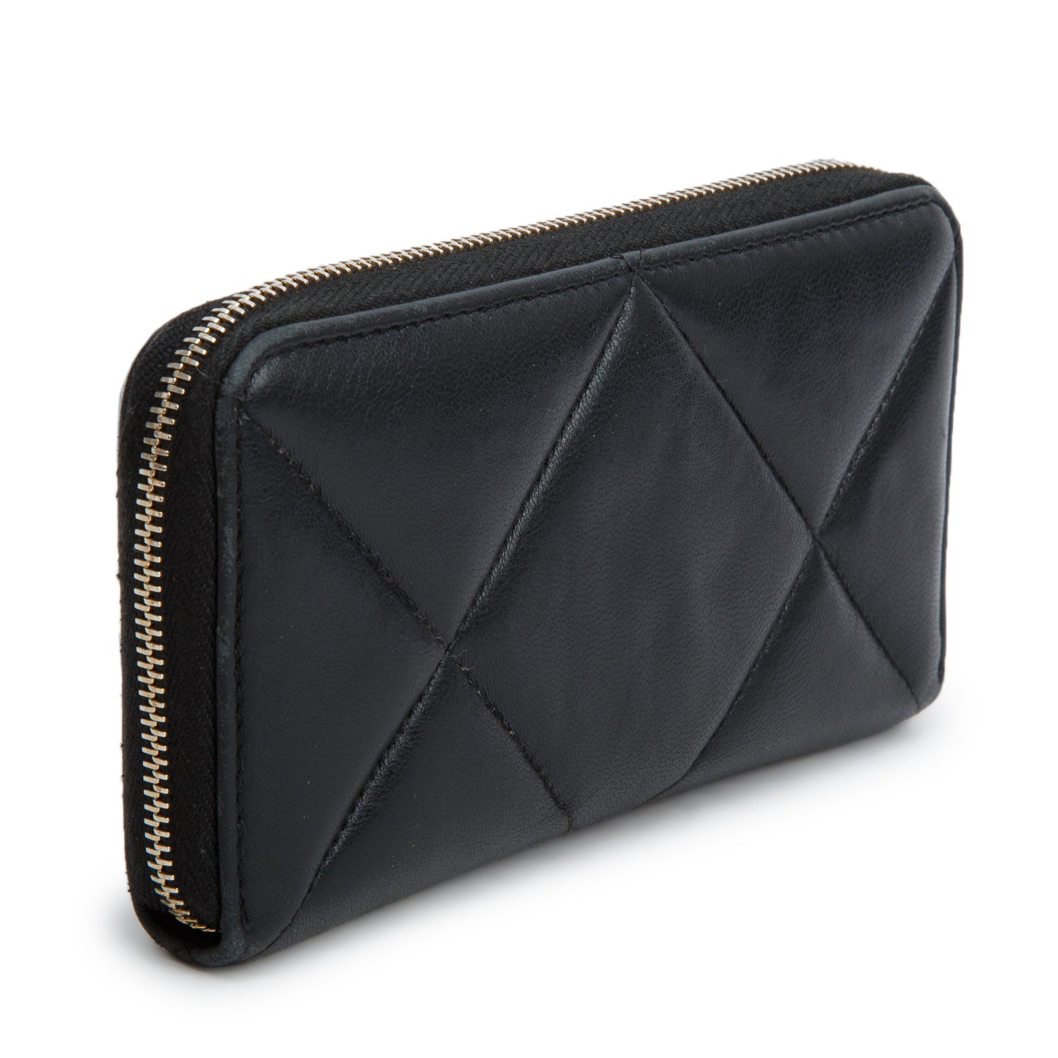 Chanel Black Lambskin Quilted Medium 19 Zip Around Purse Wallet