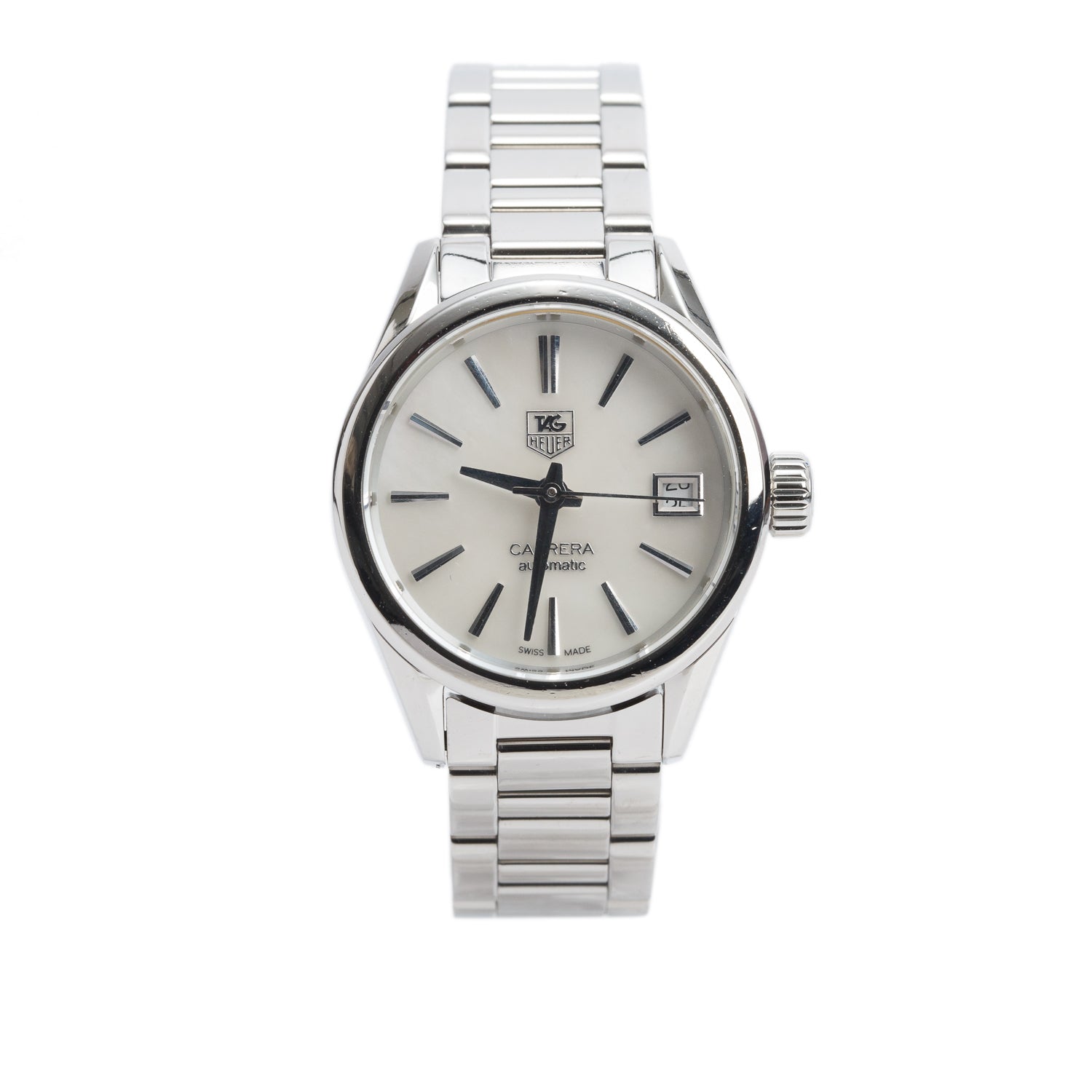 Tag Heuer Stainless Steel Carrera 28 MM Automatic Watch Mother of Pearl Dial WAR2411 w/ Box & Papers