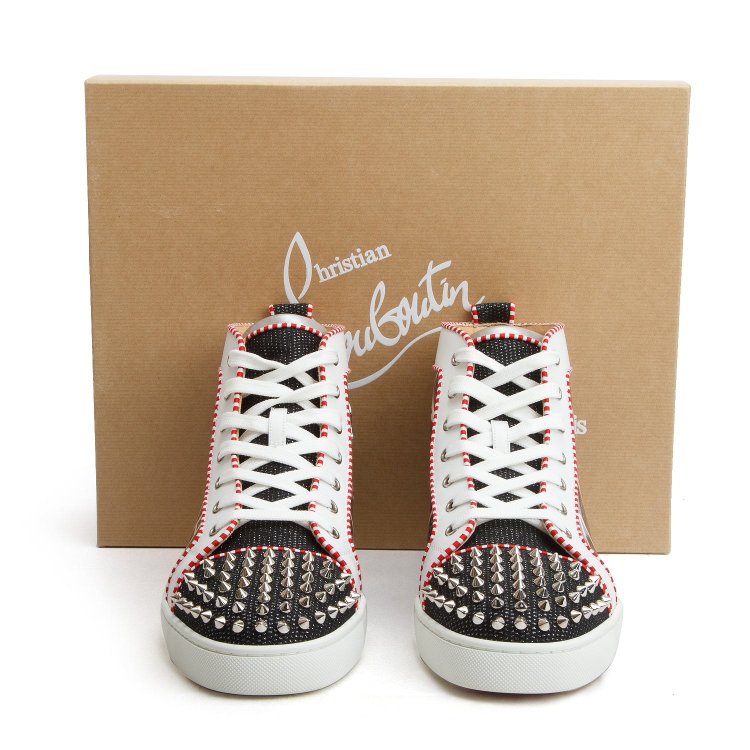 Christian Louboutin Multicolor Logo Print Patent/Calf Leather Lou Spikes Orlato Flat Sneakers, Men's Size 44 w/ Box