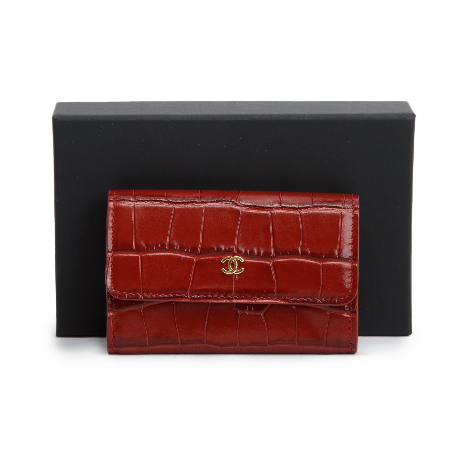 Chanel Burgundy Croc Embossed Leather Flap Card Holder w/ Box