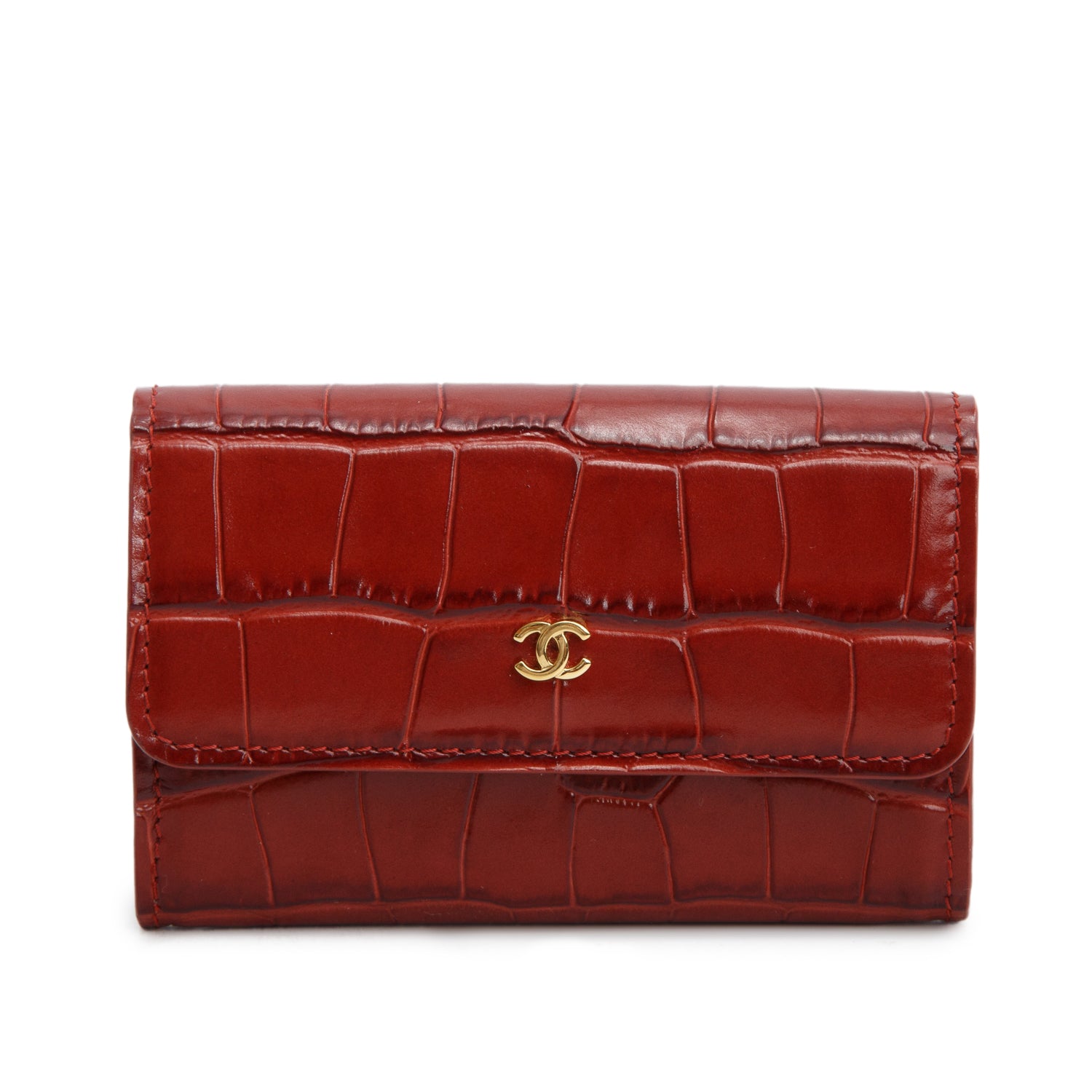 Chanel Burgundy Croc Embossed Leather Flap Card Holder w/ Box