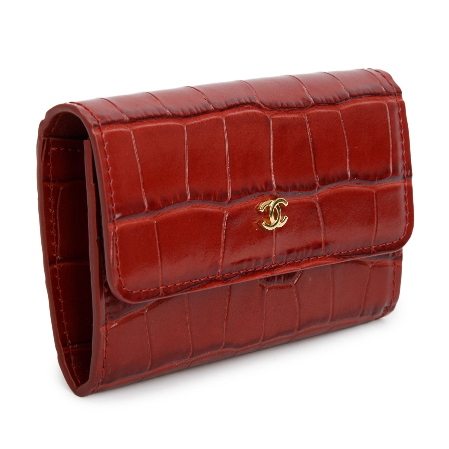Chanel Burgundy Croc Embossed Leather Flap Card Holder w/ Box