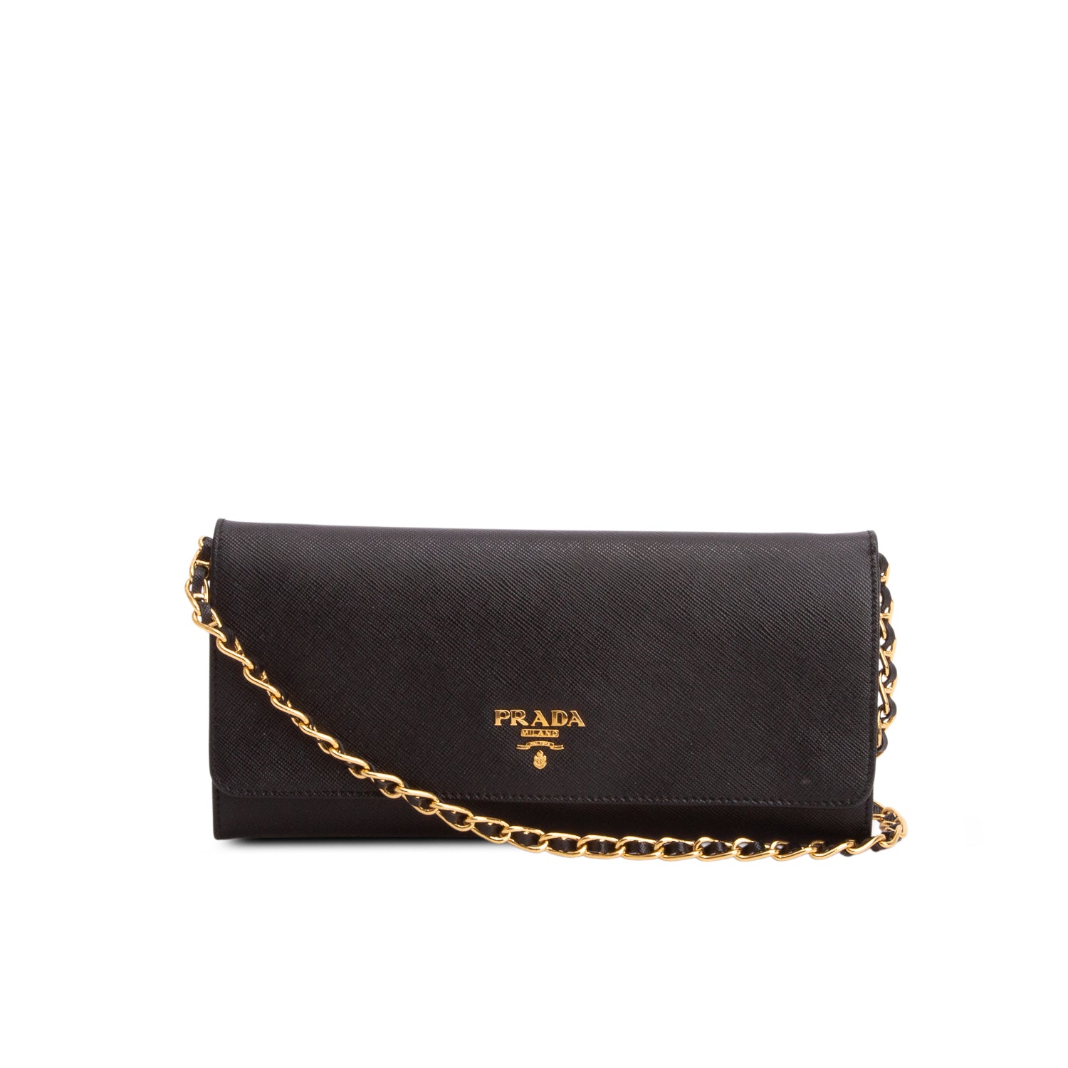 Prada Black Saffiano Metal Continental Wallet on Chain