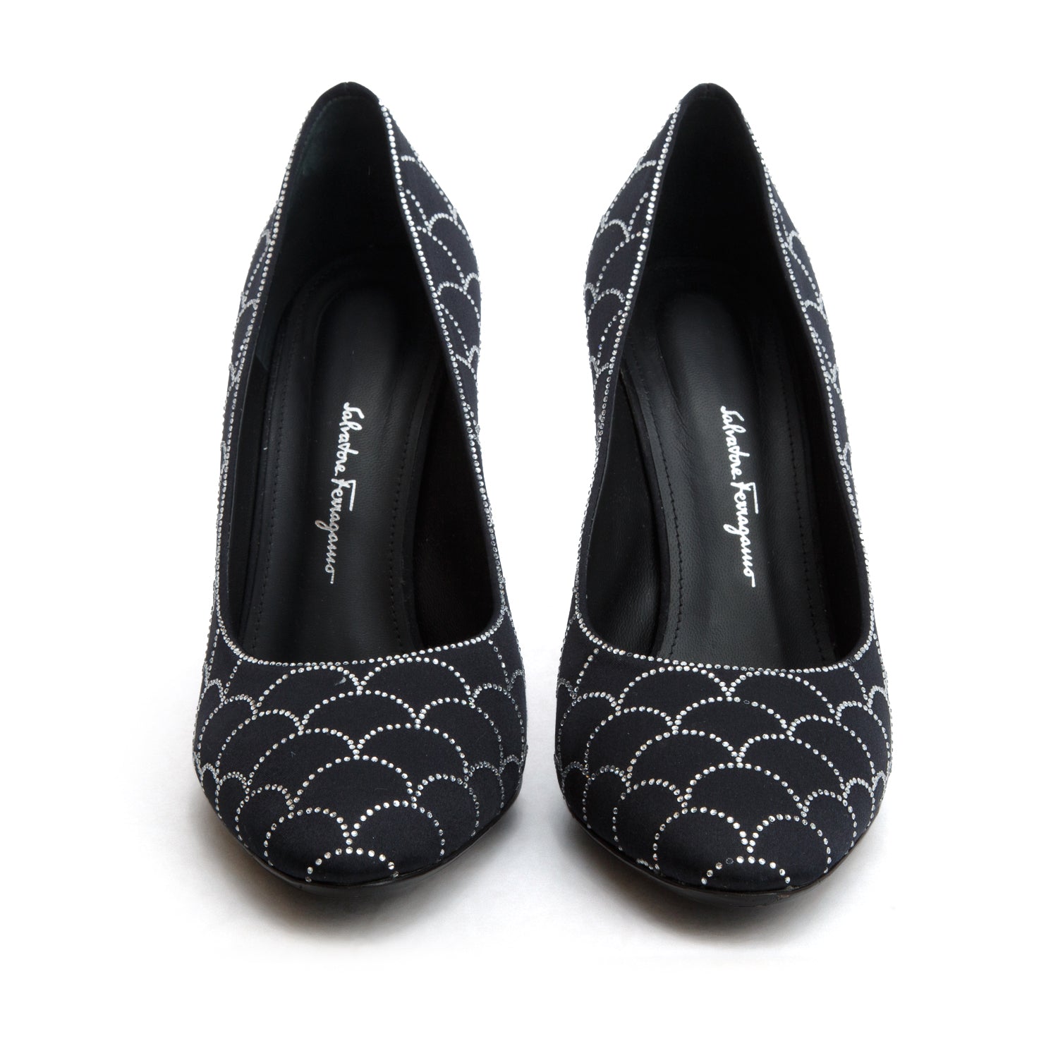Ferragamo Black Satin Crystal Embellished Judy Pumps, Women's Size 7.5 w/ Box