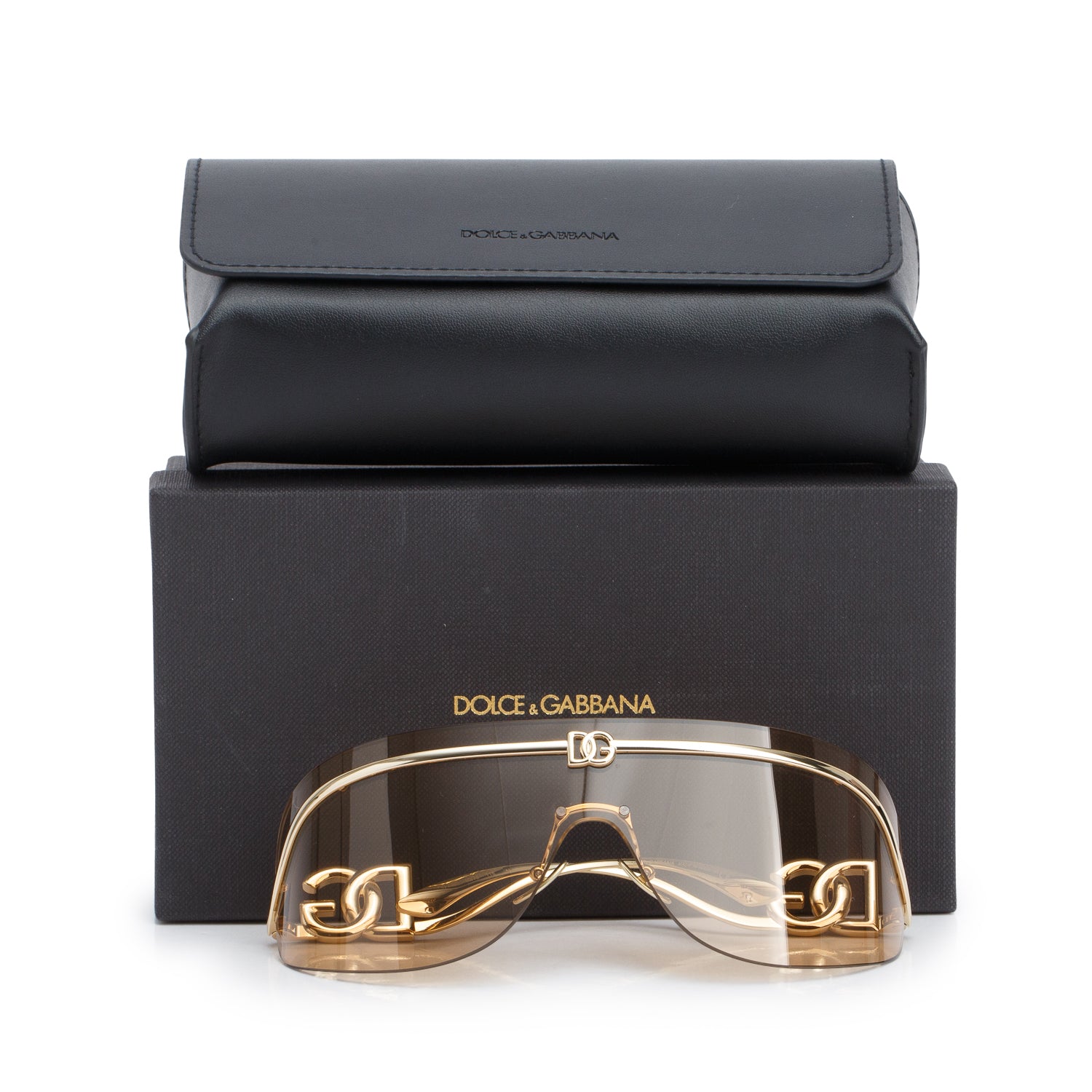 Dolce & Gabbana DG2320 Gold Tone Metal DG Logo Statement Shield Sunglasses w/ Box & Case