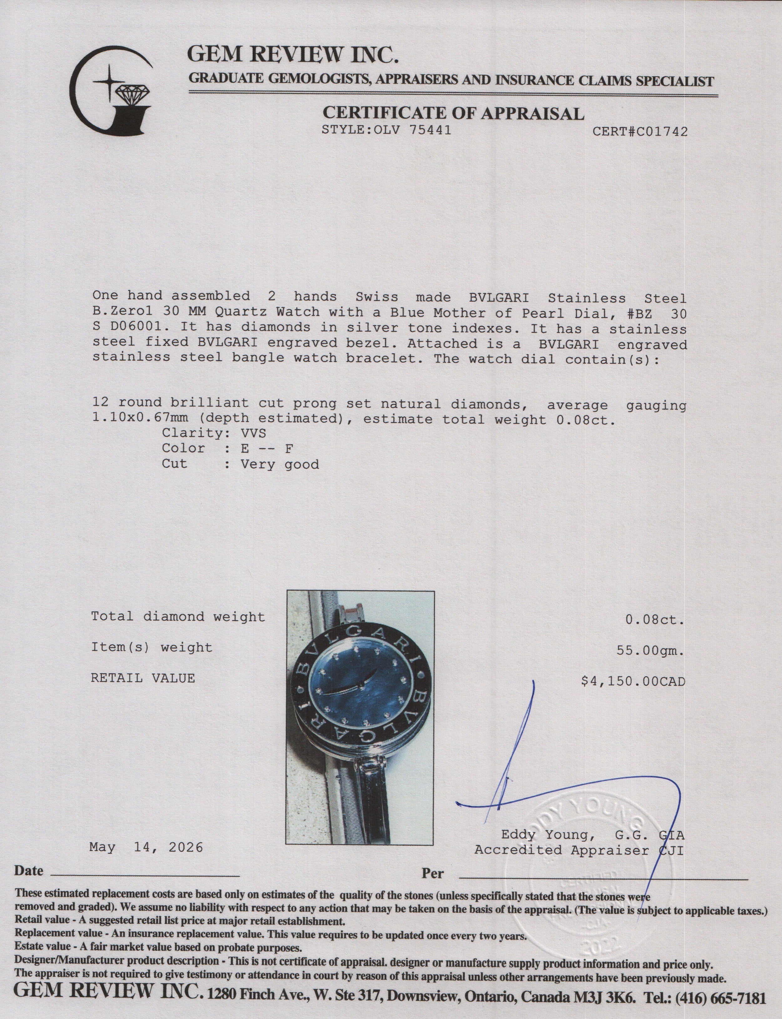 BVLGARI Stainless Steel B.Zero1 30 MM Quartz Watch Blue Mother of Pearl Diamond Dial