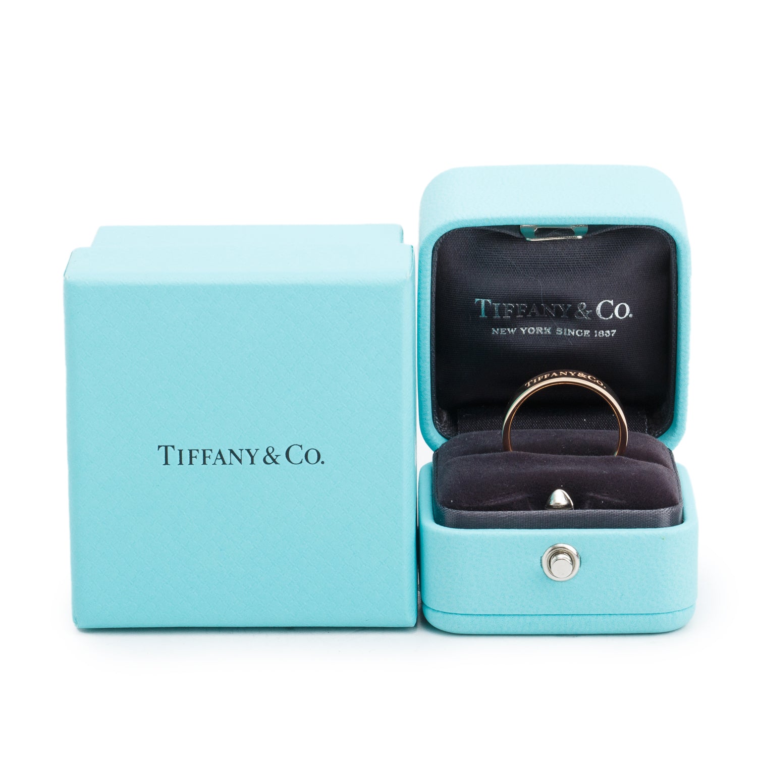 Tiffany & Co. 18k Rose Gold 4 MM Logo Band Ring, Size 8.75 w/ Box