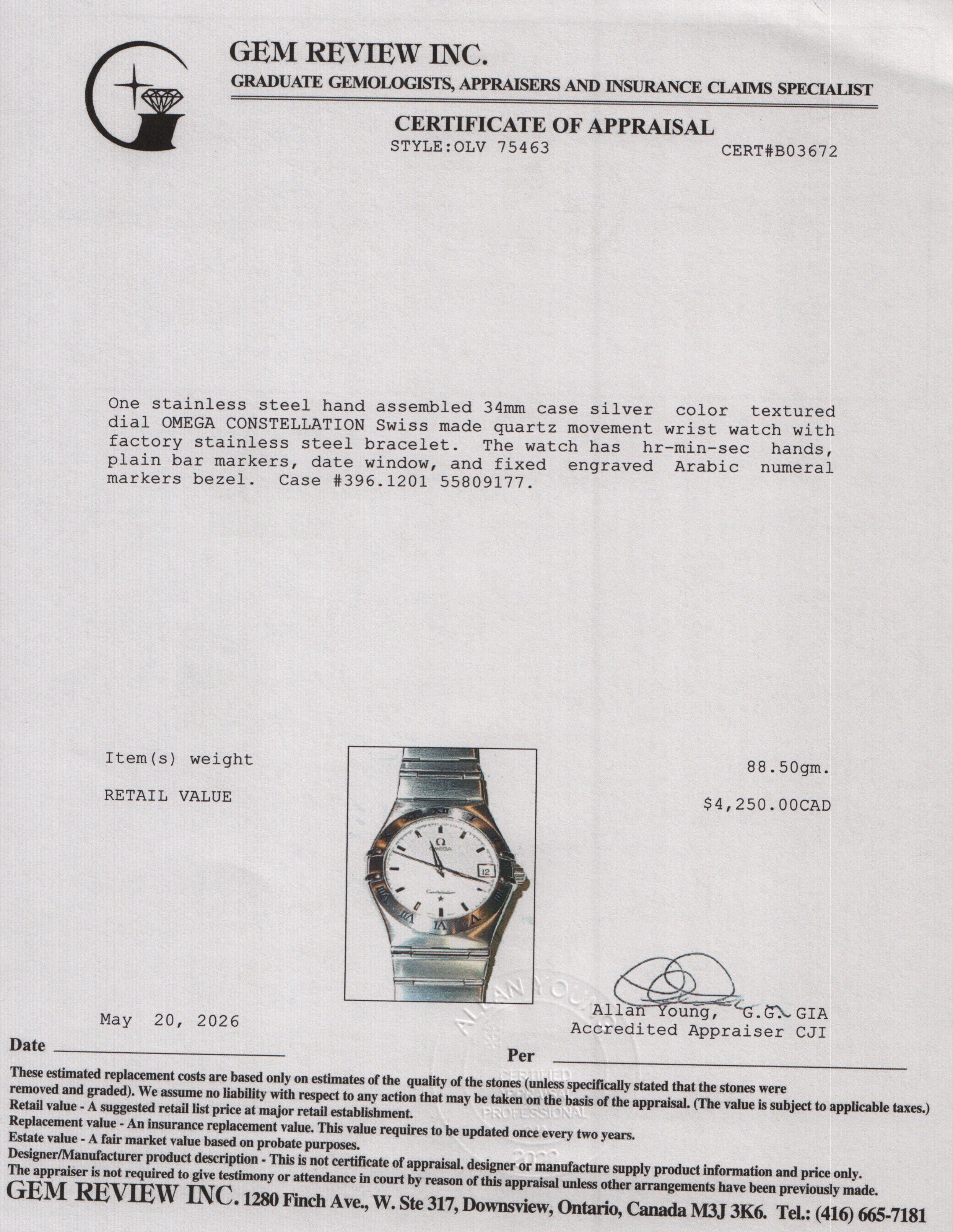 Omega Stainless Steel Constellation 34 MM Quartz Watch Silver Dial