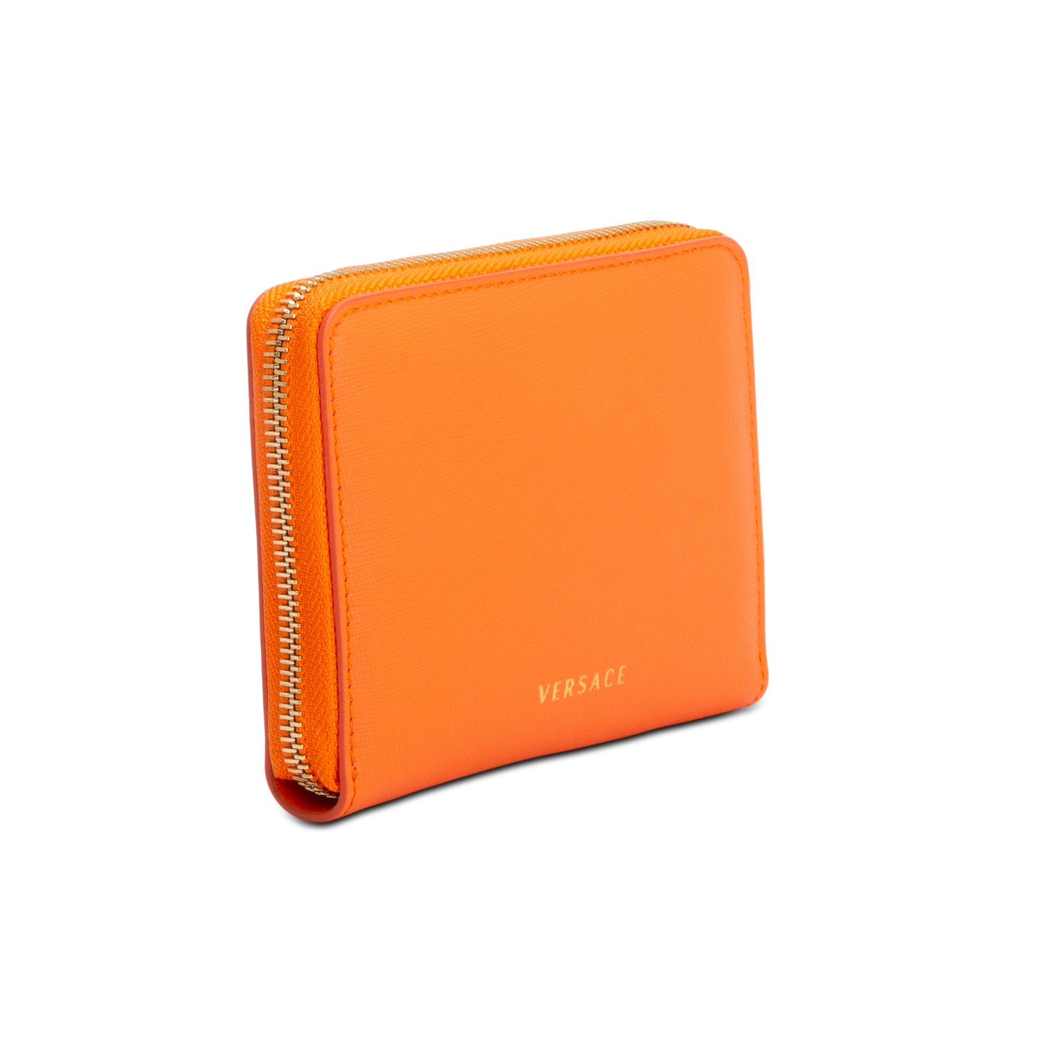 Versace Orange Leather Compact Zip Around Wallet w/ Box