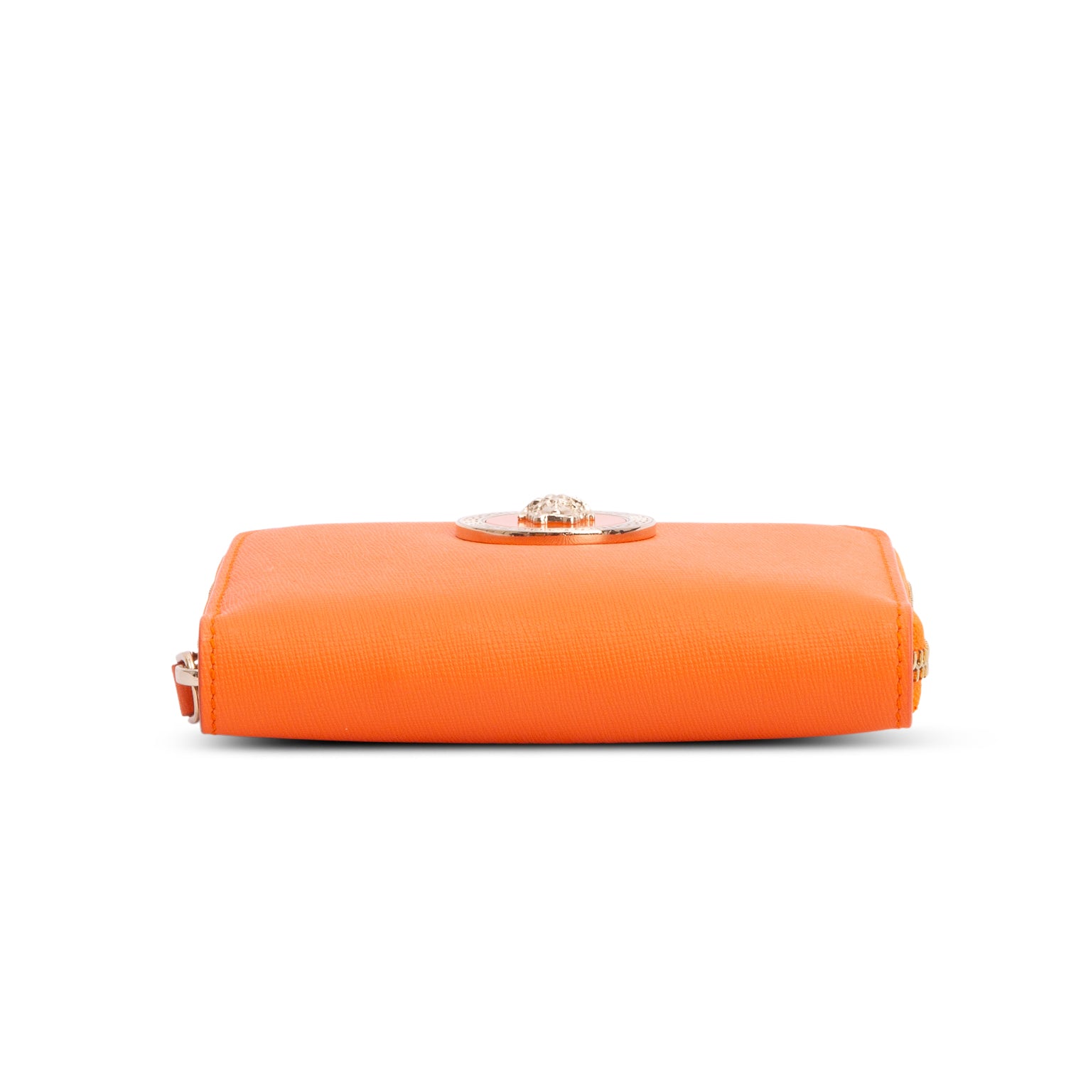 Versace Orange Leather Compact Zip Around Wallet w/ Box