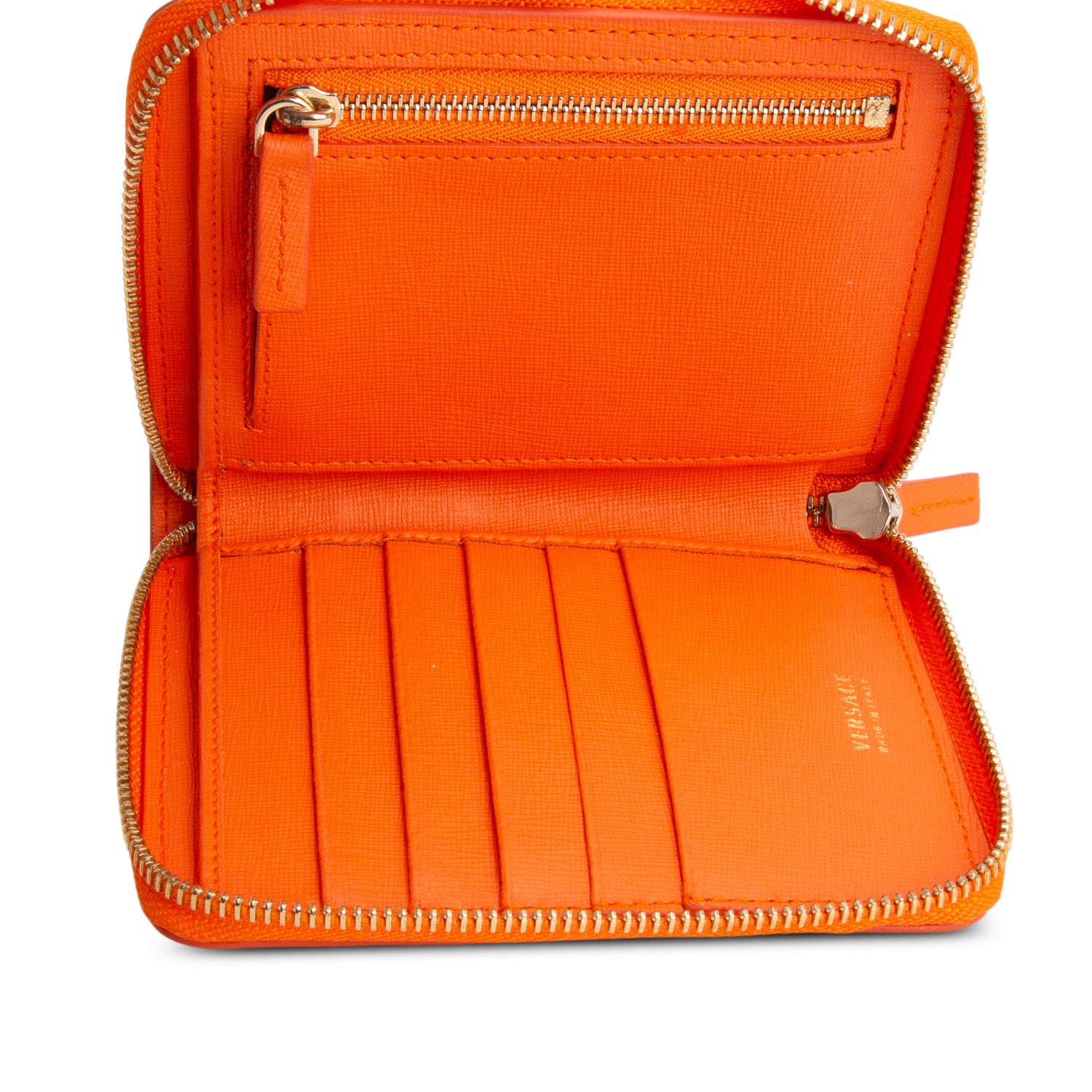 Versace Orange Leather Compact Zip Around Wallet w/ Box
