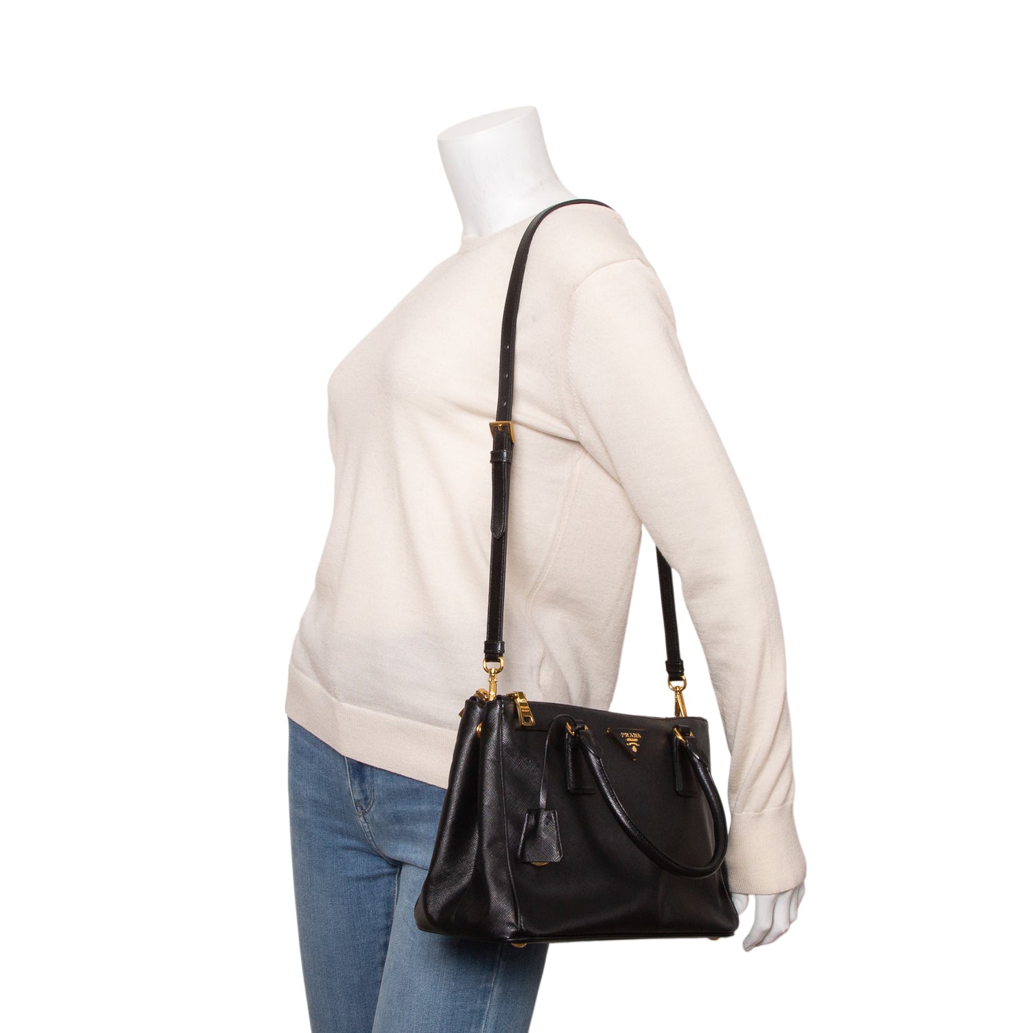 Prada Black Saffiano Lux Medium Double Zip Galleria Tote w/ Strap