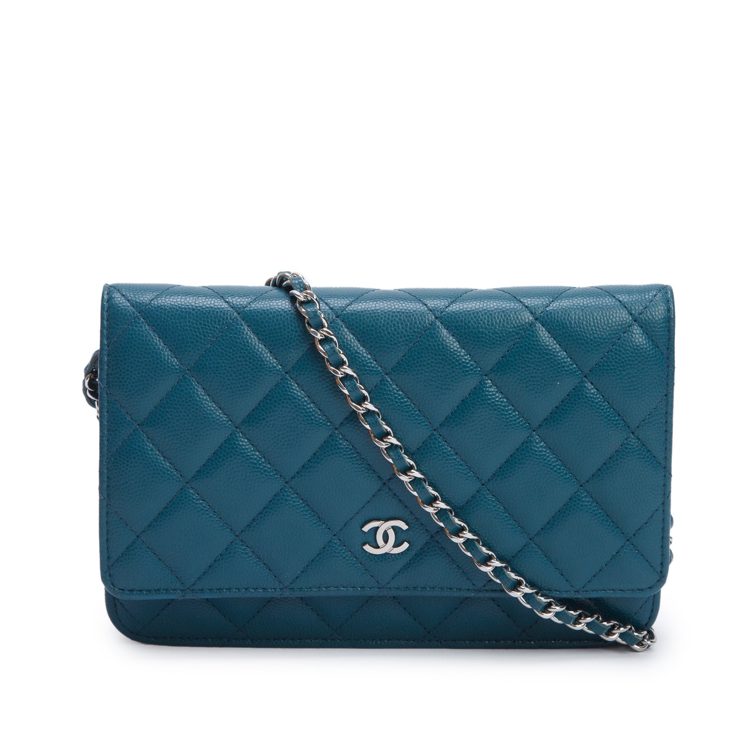 Chanel Teal Quilted Caviar Classic Wallet on Chain w/ Authenticity Card