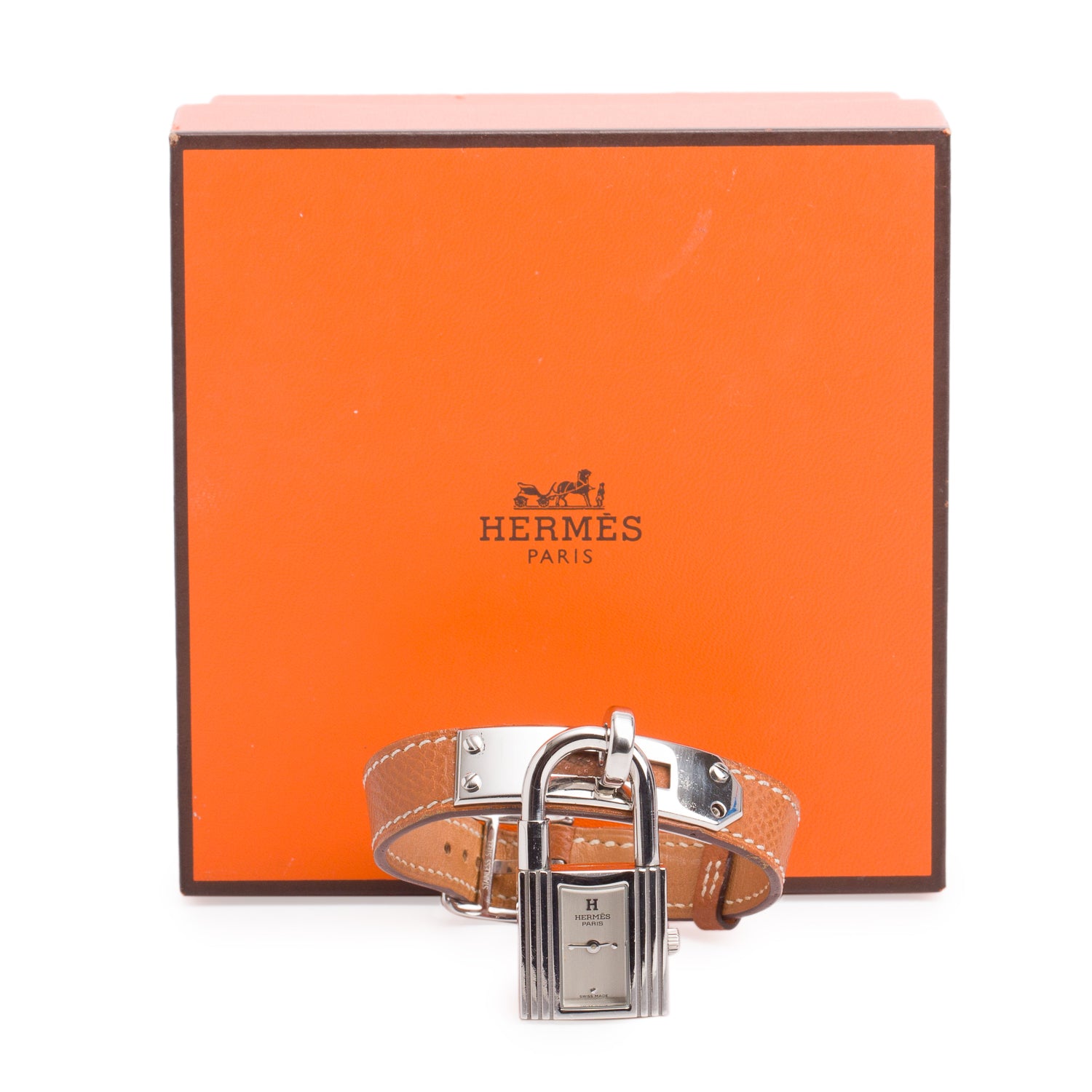 Hermes Palladium Plated Stainless Steel Gold Leather Kelly Lock Watch w/ Box