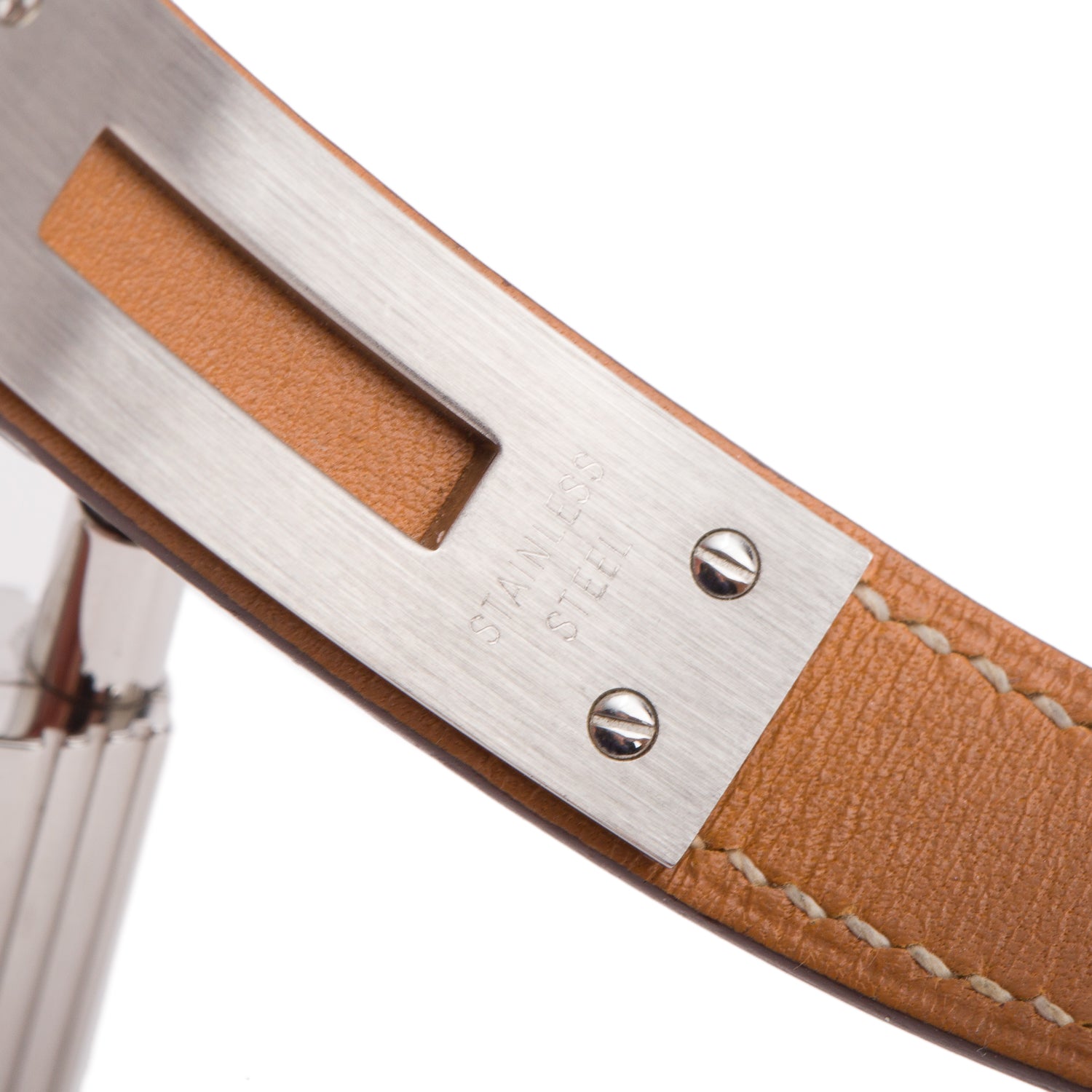 Hermes Palladium Plated Stainless Steel Gold Leather Kelly Lock Watch w/ Box