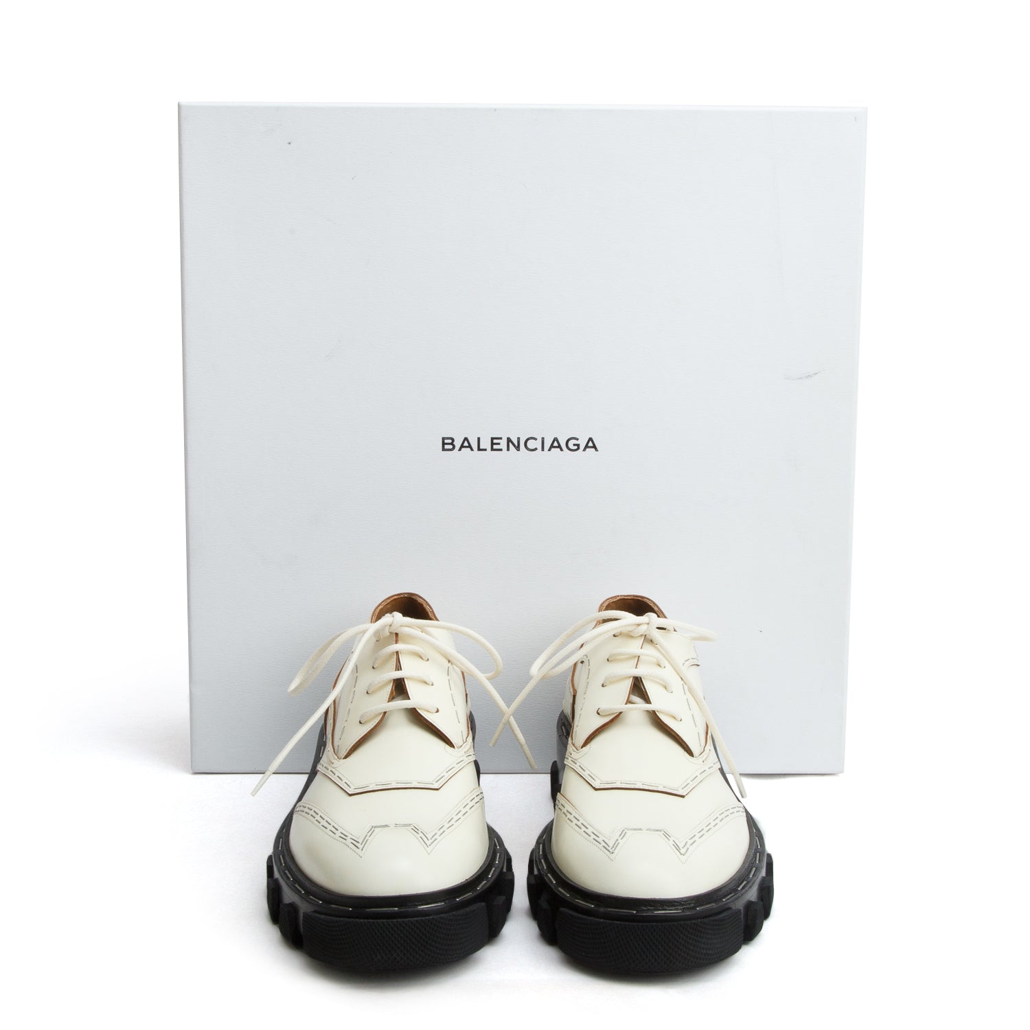 Balenciaga White Leather Lace-Up Staple Accent Derby Shoes, Size 40 w/ Box
