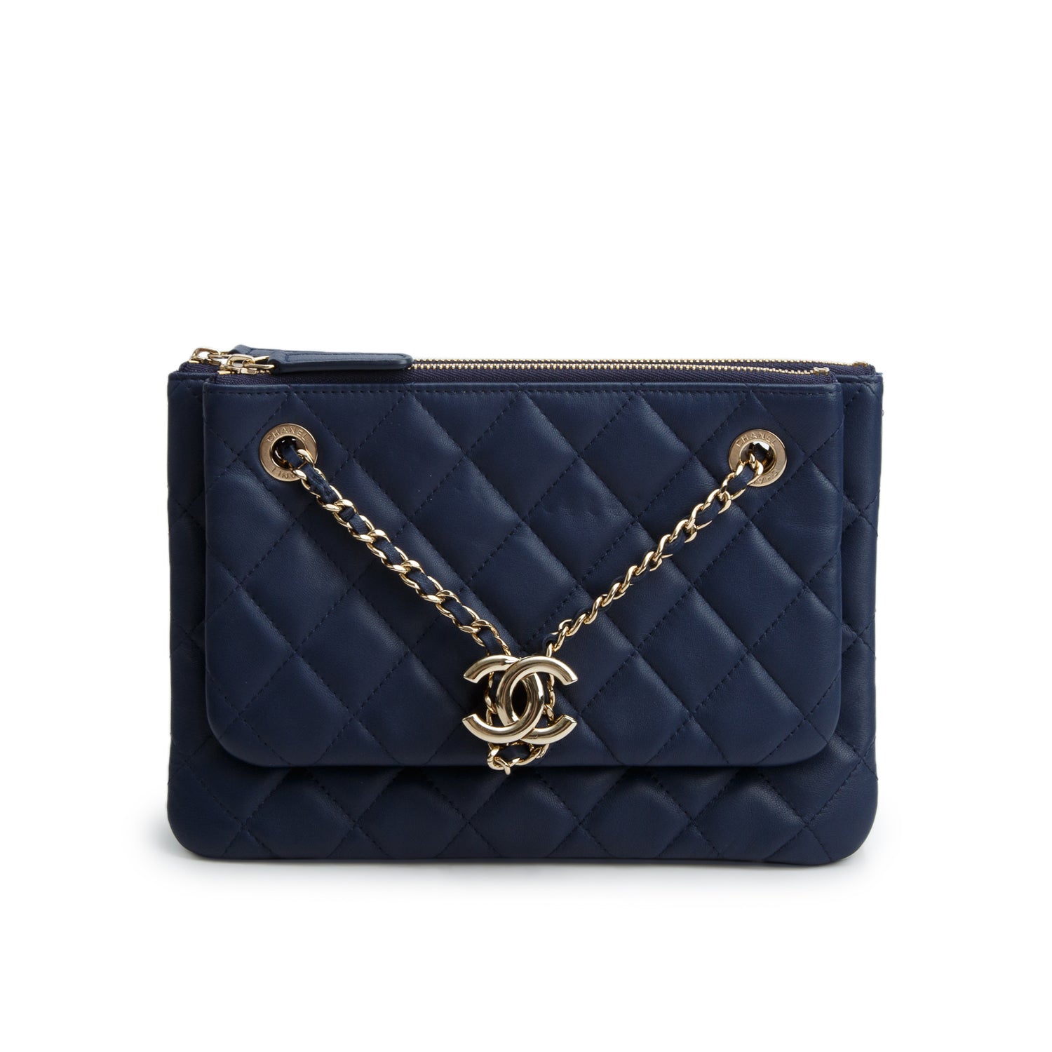 Chanel Navy Quilted Calfskin Leather Drawstring Double Zip Pouch CC Bag