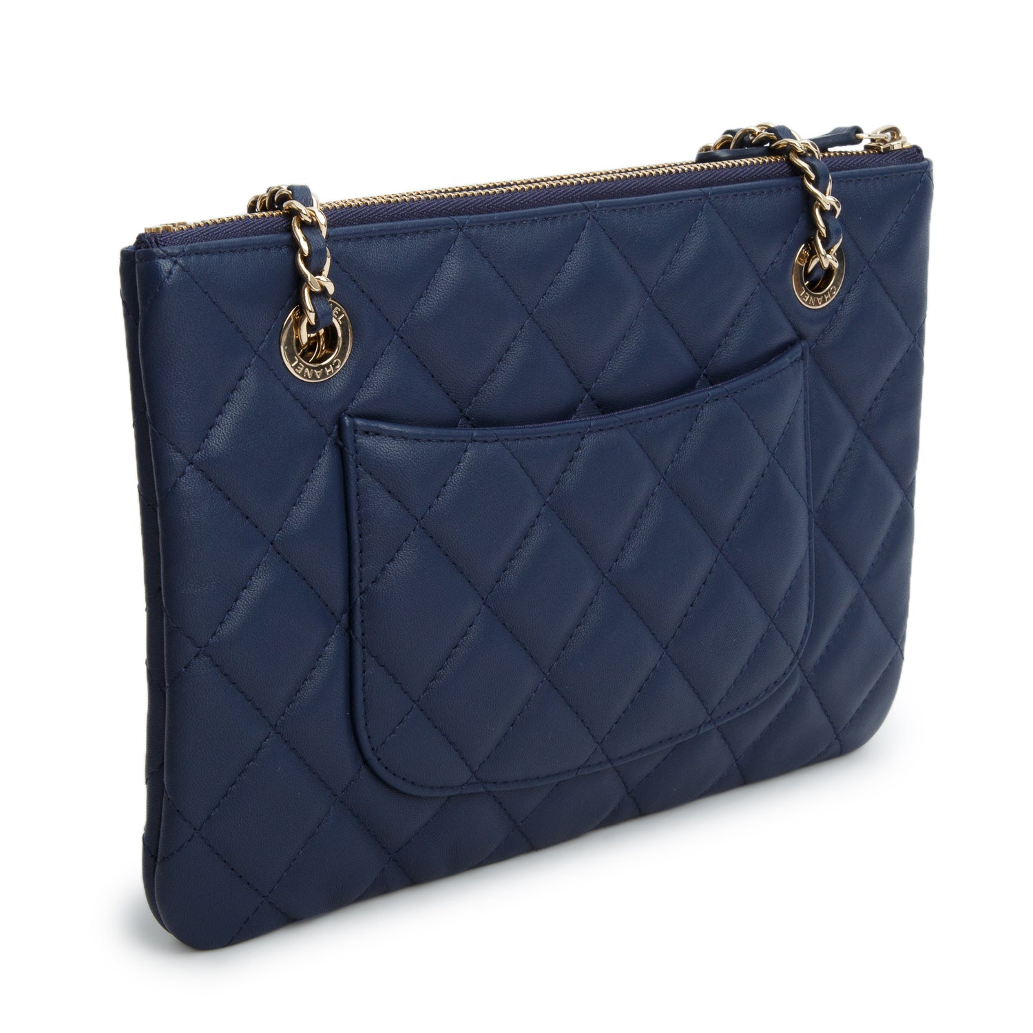 Chanel Navy Quilted Calfskin Leather Drawstring Double Zip Pouch CC Bag