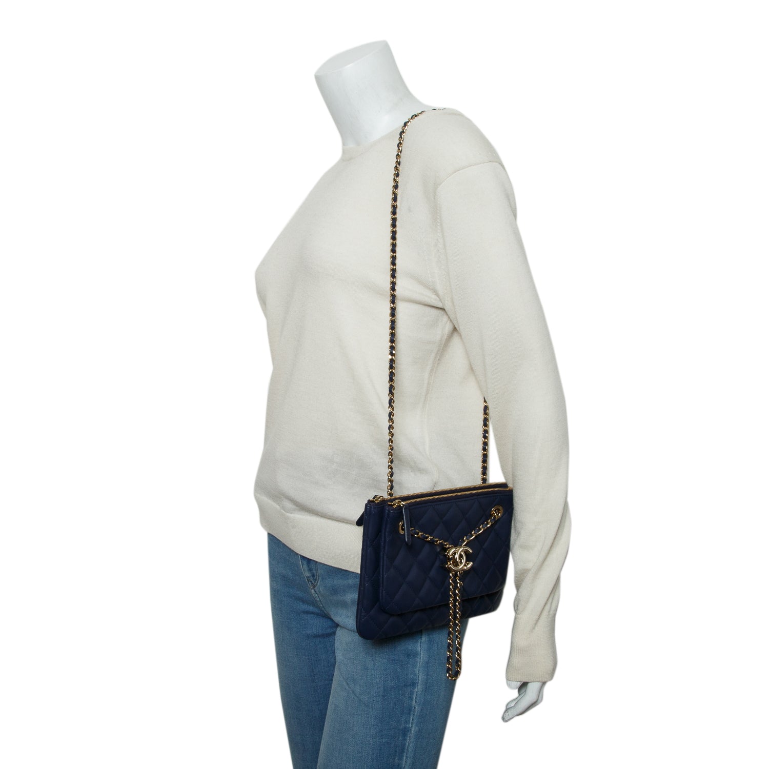 Chanel Navy Quilted Calfskin Leather Drawstring Double Zip Pouch CC Bag