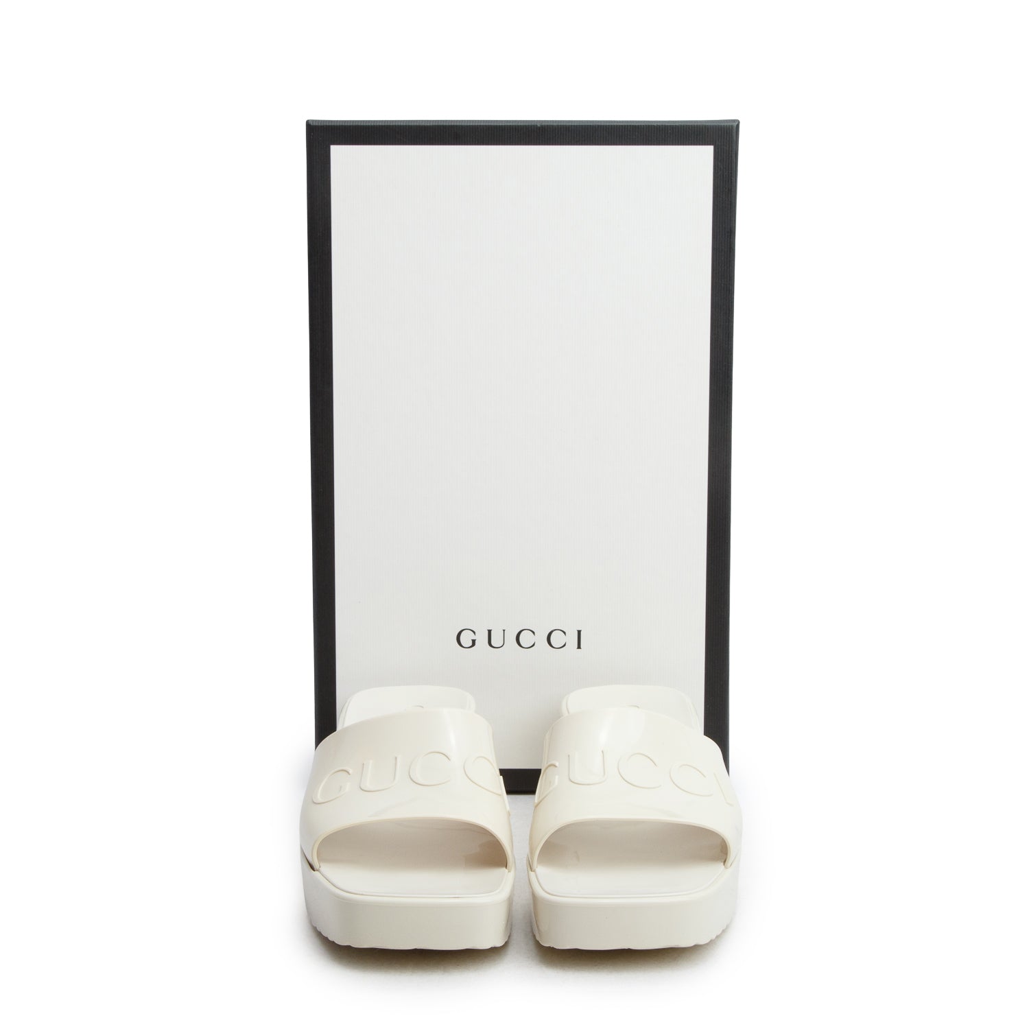 Gucci White Rubber Logo Embossed Slides, Size 36 w/ Box