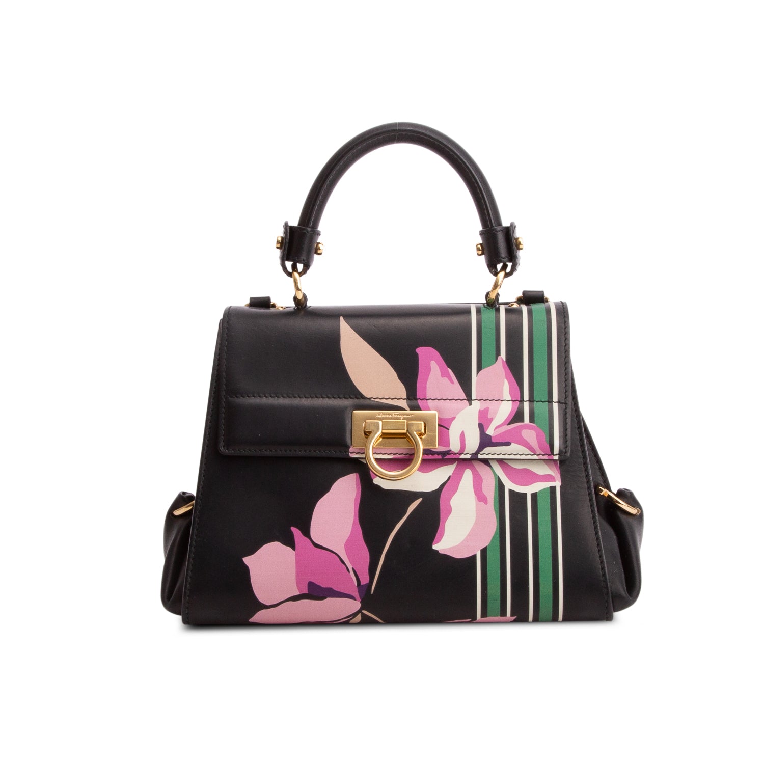 Salvatore Ferragamo Black Multicolor Floral Print Calfskin Sofia Top Handle Bag w/ Strap