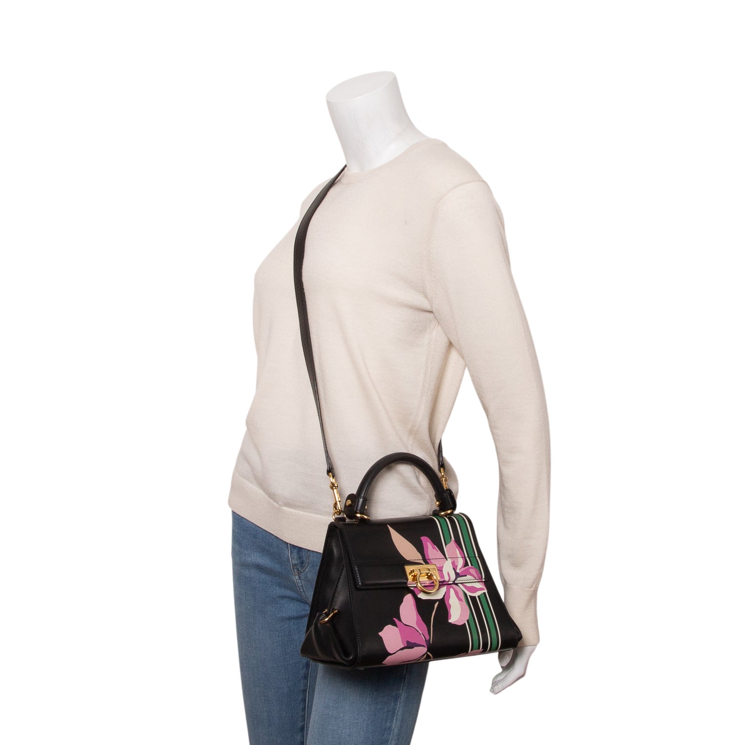 Salvatore Ferragamo Black Multicolor Floral Print Calfskin Sofia Top Handle Bag w/ Strap