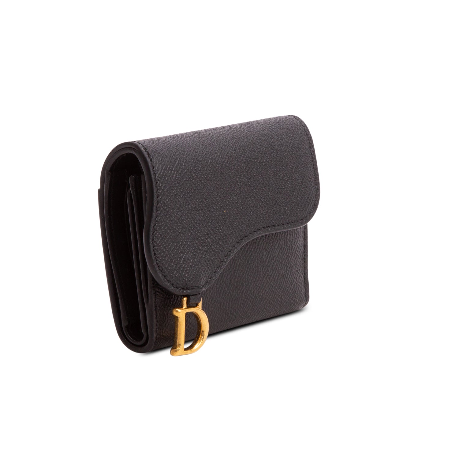 Christian Dior 2022 Black Grained Leather Saddle Lotus Wallet