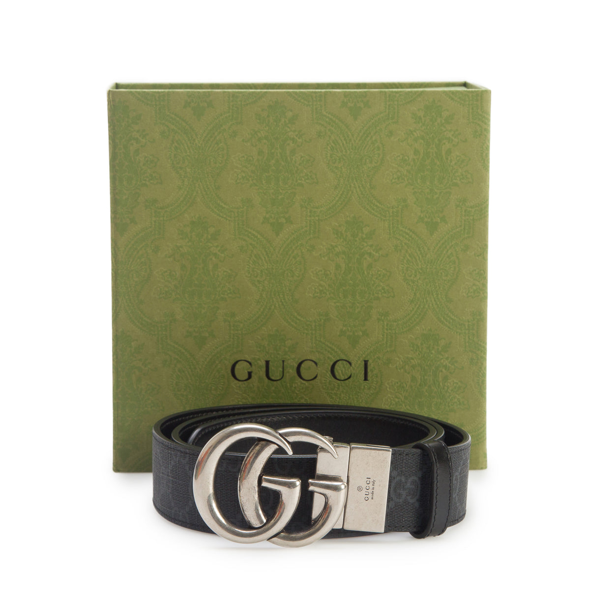 Gucci Black GG Supreme Monogram Plutone Calfskin Double G Reversible Belt 105 42 w/ Box