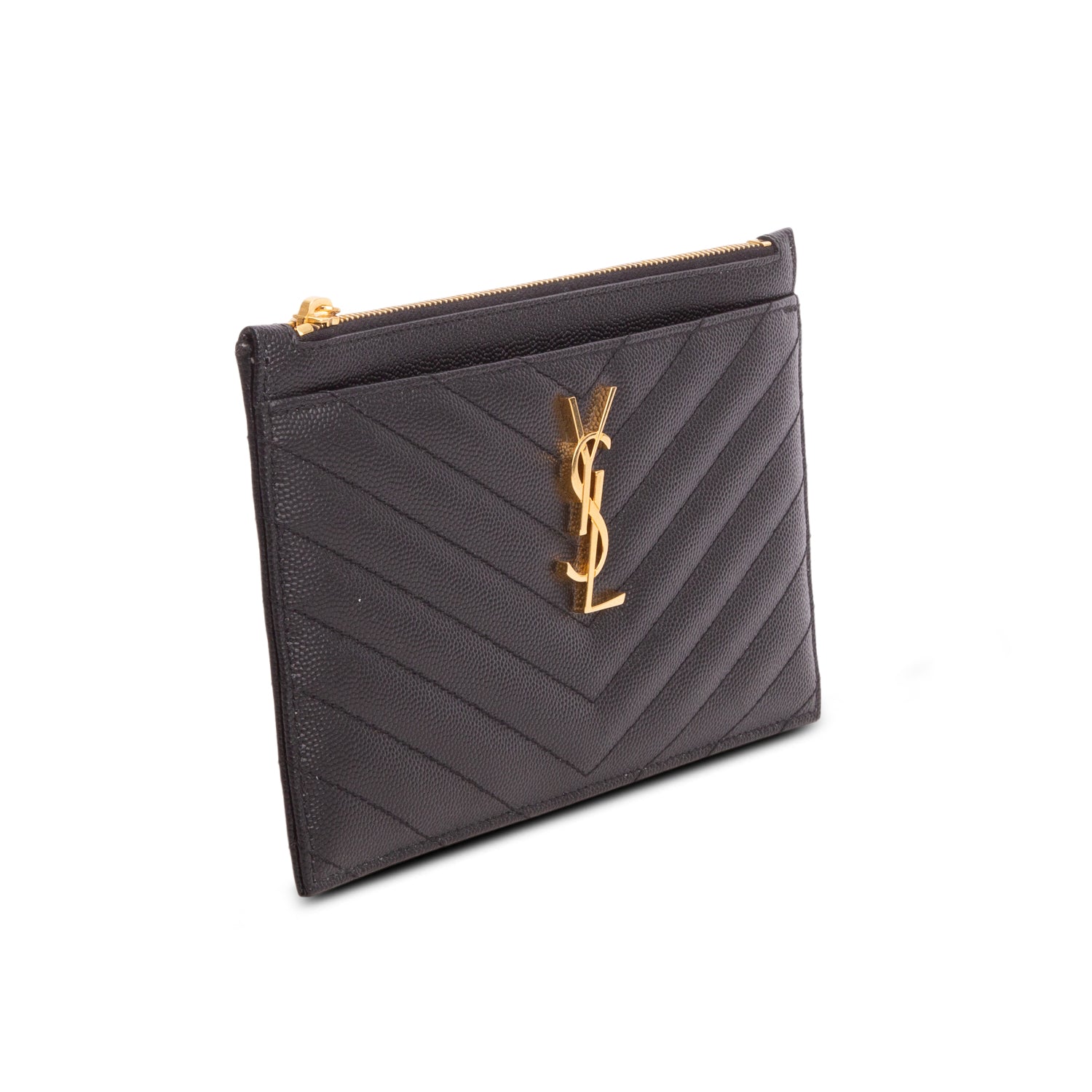 Saint Laurent 2022 Black Grain De Poudre Embossed Leather Cassandre Matelasse Zipped Pouch