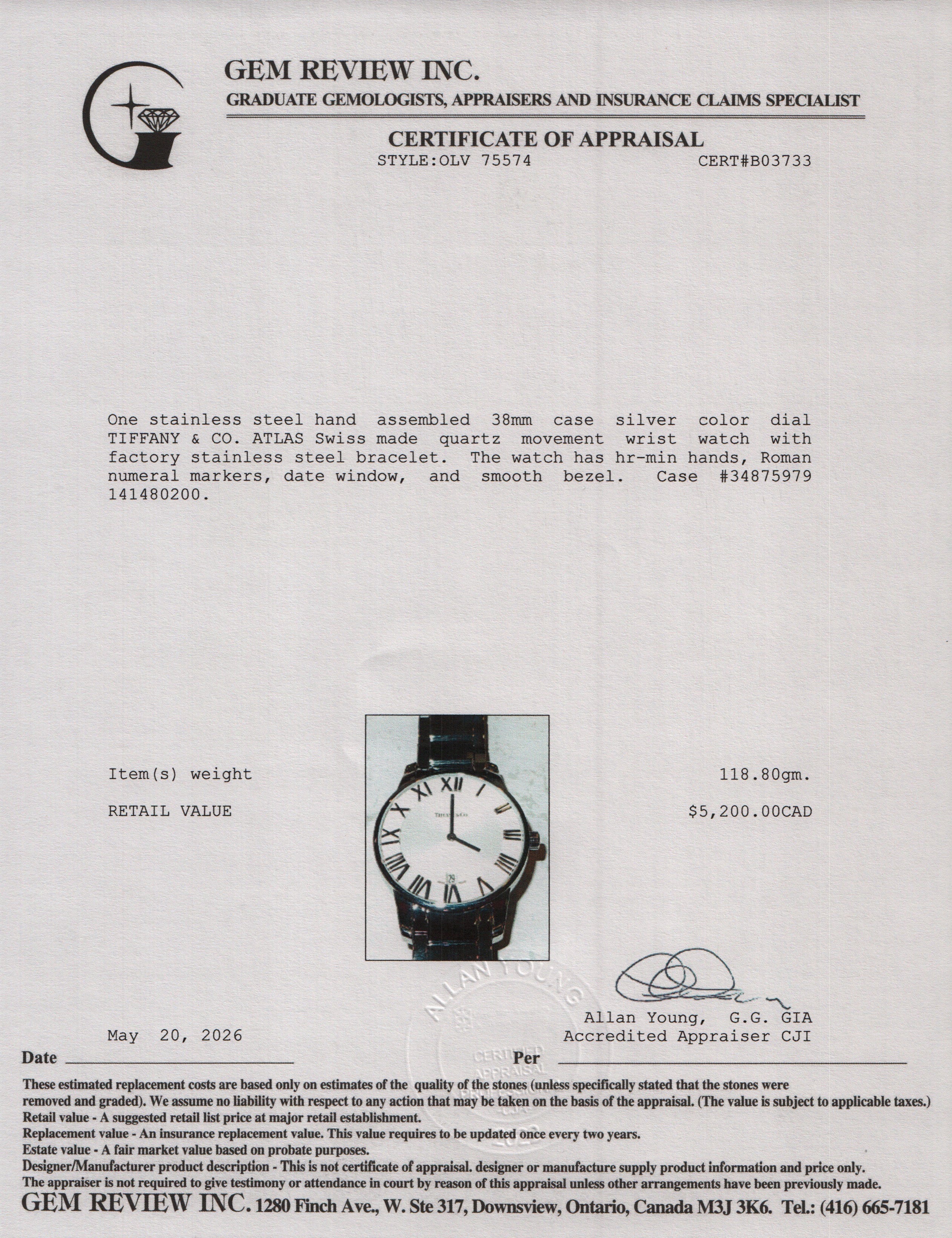 Tiffany Stainless Steel Atlas 38 MM Quartz Watch Silver Dial w/ Box & Papers