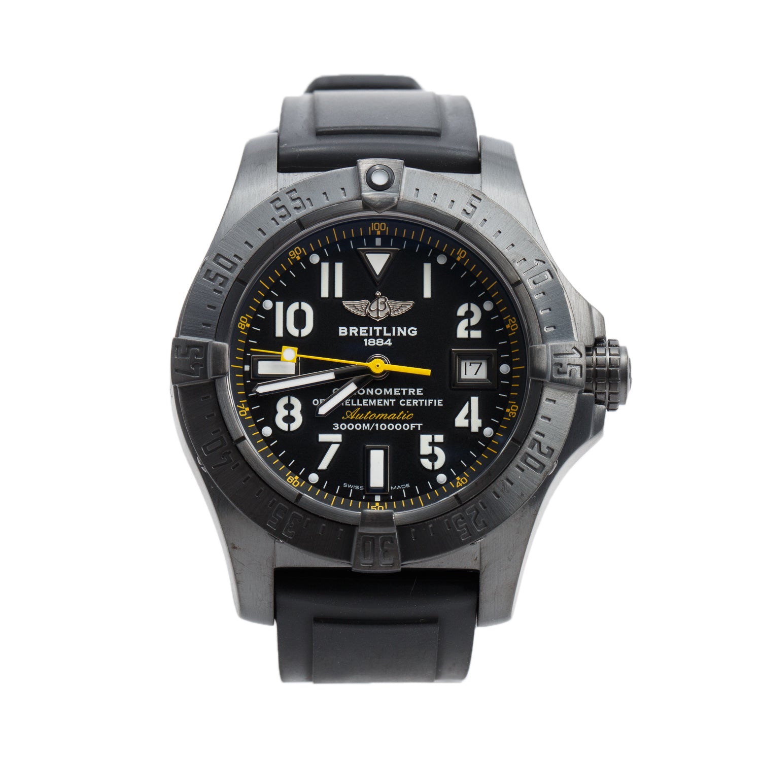 Breitling Limited Edtion Black Stainless Steel Avenger Seawolf 45 MM Automatic Watch Black & Yellow Dial M17330