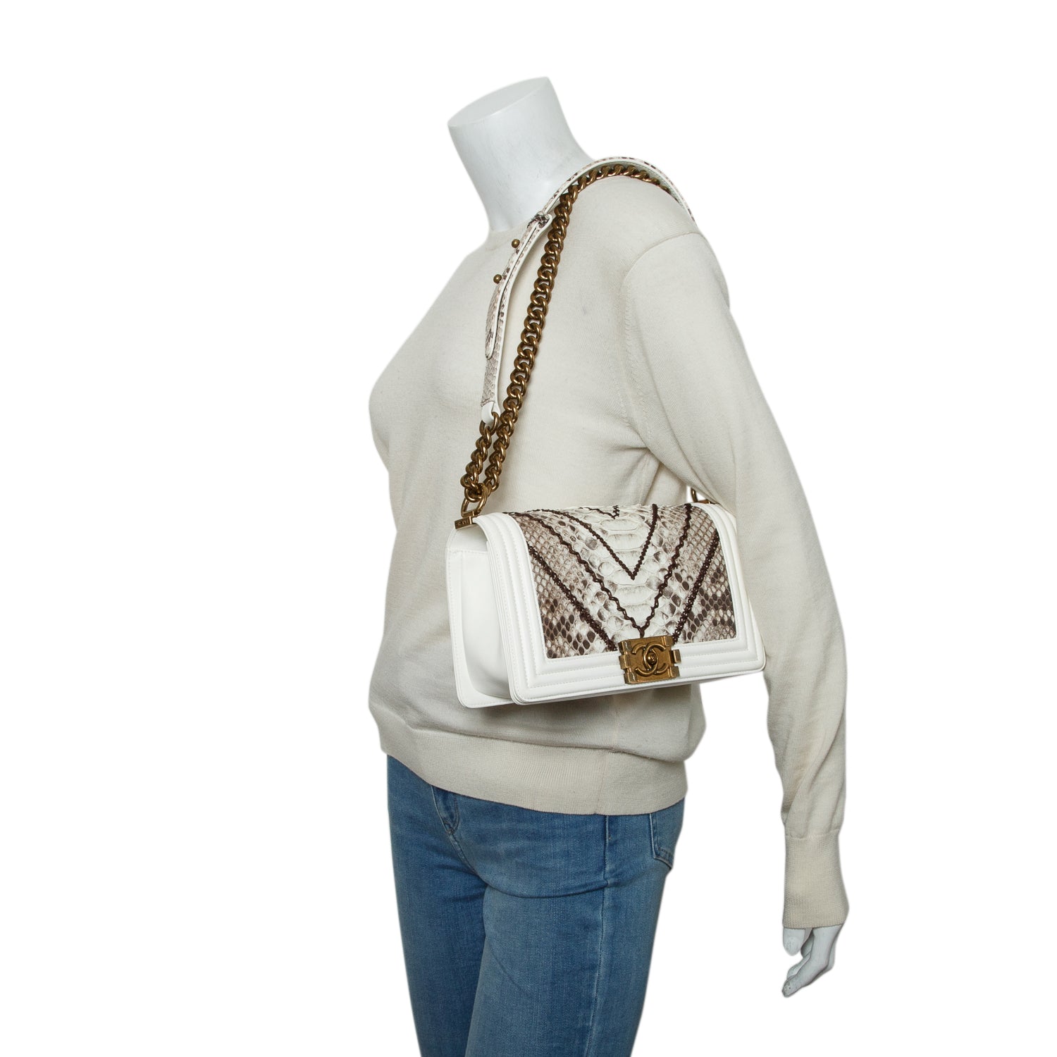 Chanel White Calfskin Python Chevron Embroidered Medium Boy Bag w/ Box
